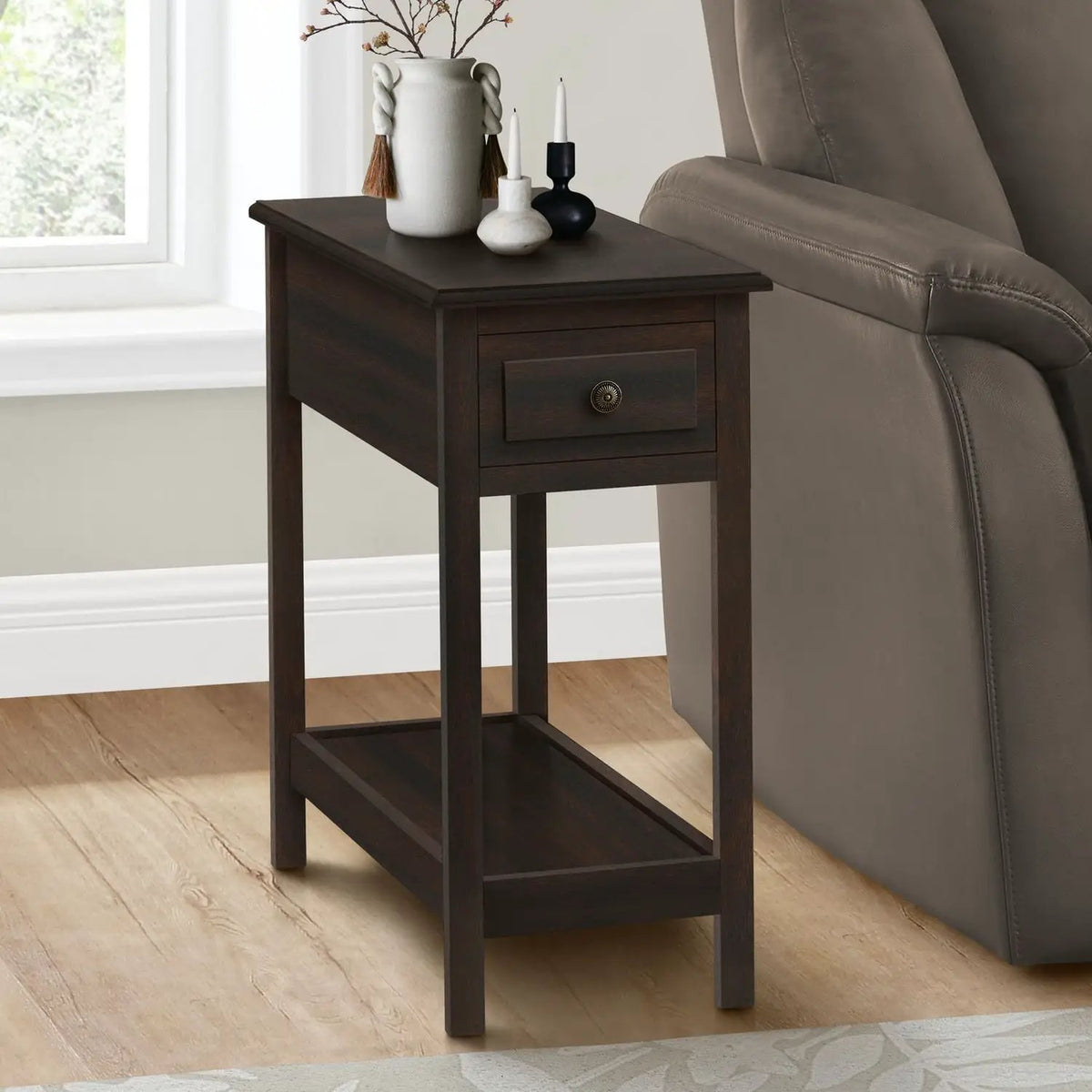 2-Tier Accent End Table | Walnut Veneer | Bronze Metal Knob | Storage Drawer