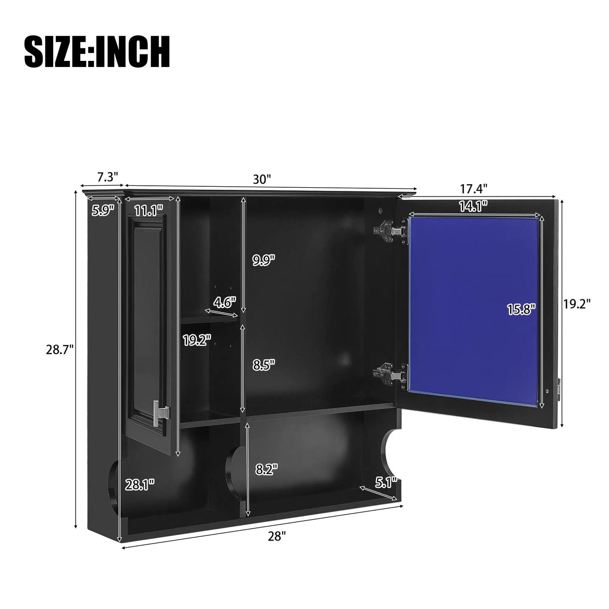 Wall Mounted Mirror Medicine Cabinet | 30 Inch Width | Doors And Open Shelves | Adjustable Shelf