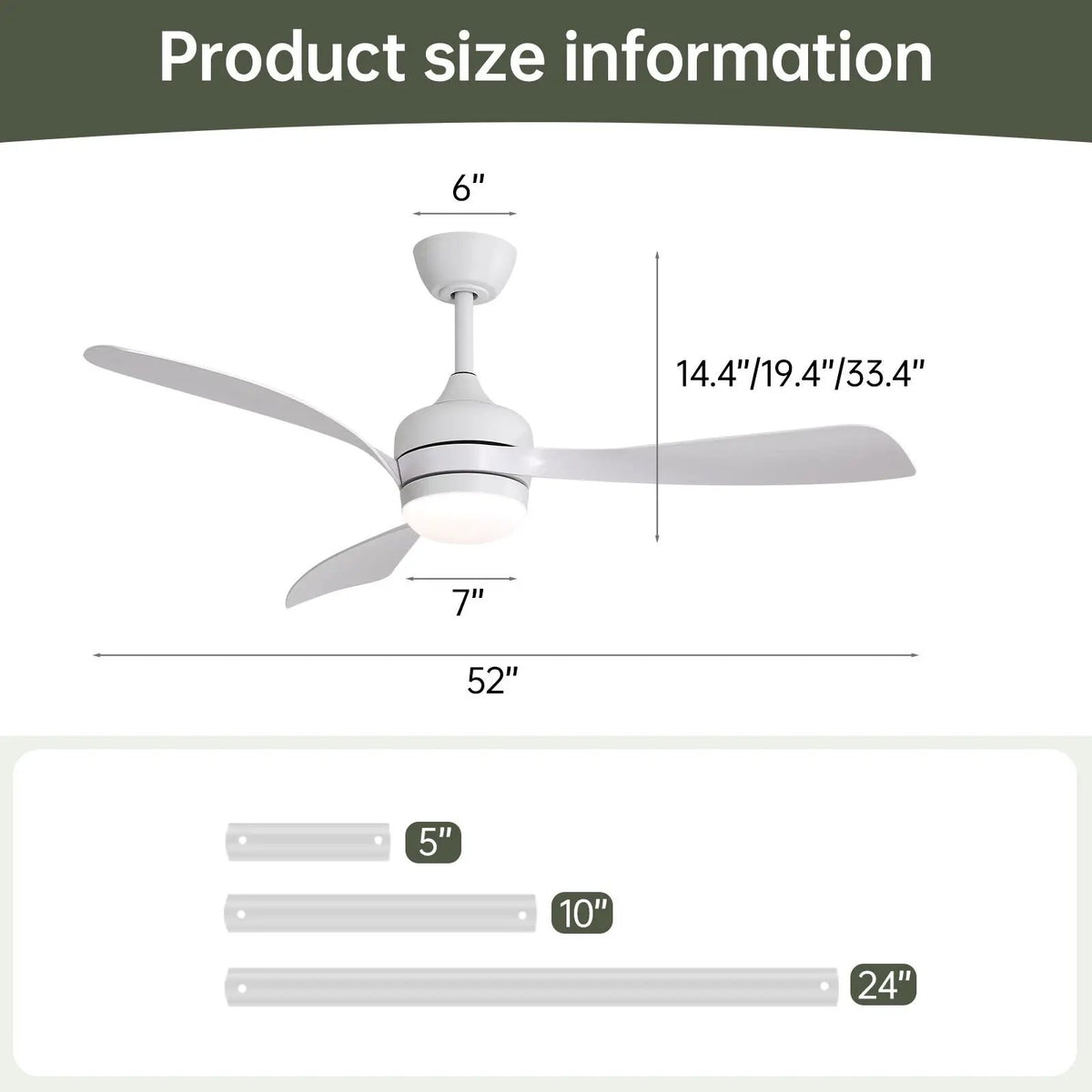 3-Blade Ceiling Fan | 52 Inch Span | Reversible DC Motor | Remote And 3 Downrods