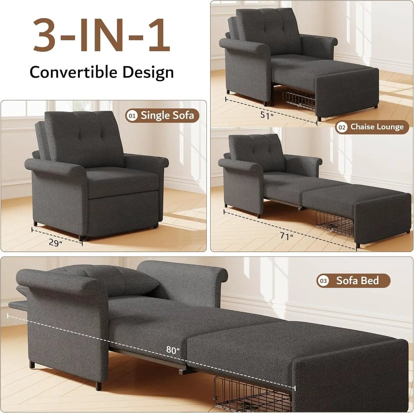 Dark Gray Lambswool Fabric Textured Sofa Bed Chair Storage from PriceLows™