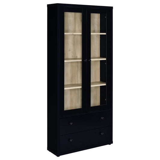 Hawthorne 4-shelf Glass Door Cabinet with Drawers | 31.5 x 9.5 x 70.75 in | Tempered Glass & Wood | Black