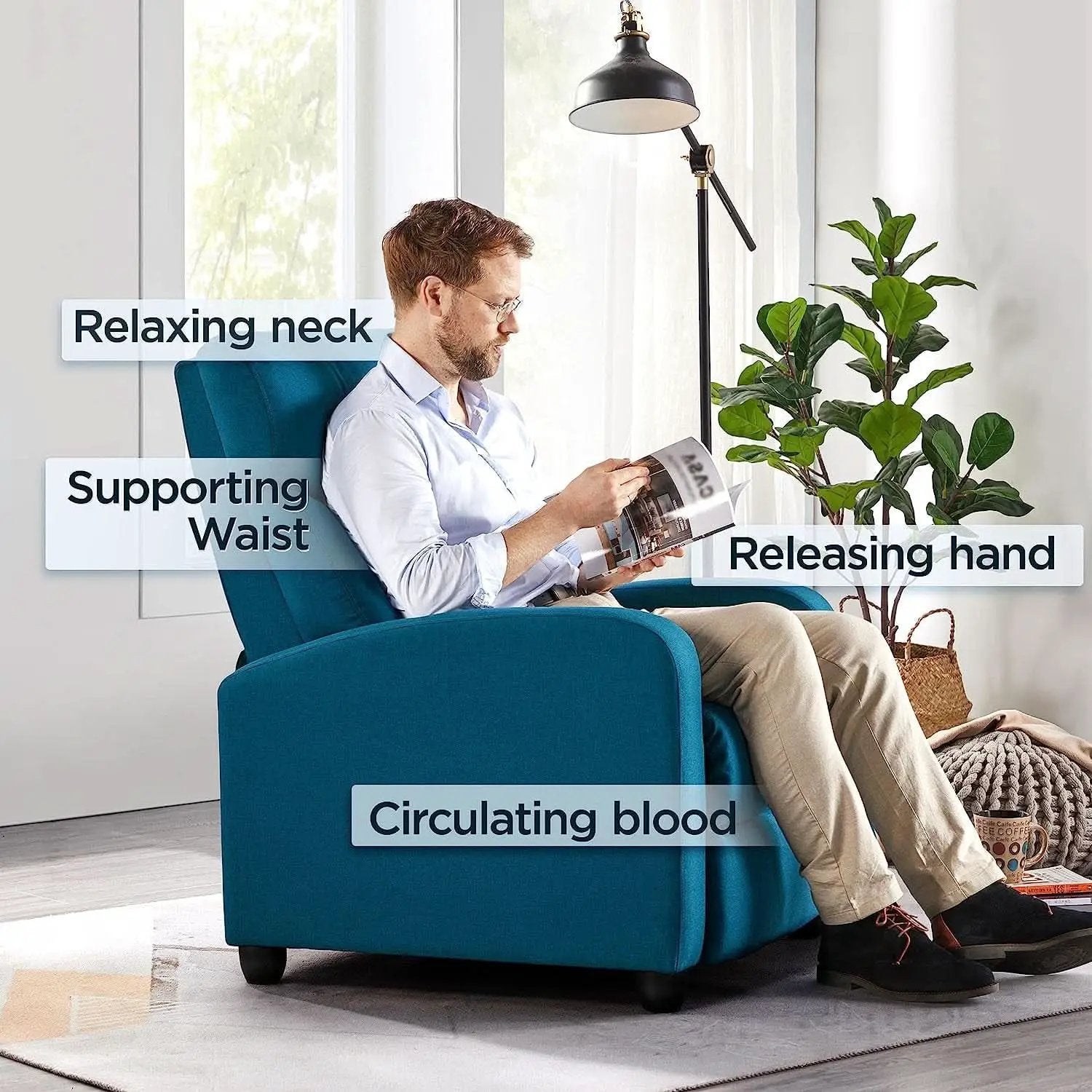 Blue Fabric Recliner Chair For Living Room Comfort from PriceLows™