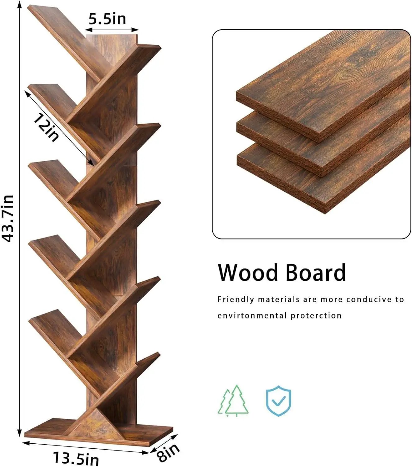 10 Tier Tree Bookshelf Brown Wood Floor Standing Bookcase For Living Room Decor Storage from PriceLows™