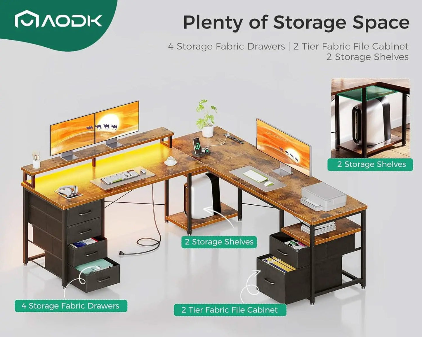 66 Inch L Shaped Desk With LED Lights And Power Outlet from PriceLows™