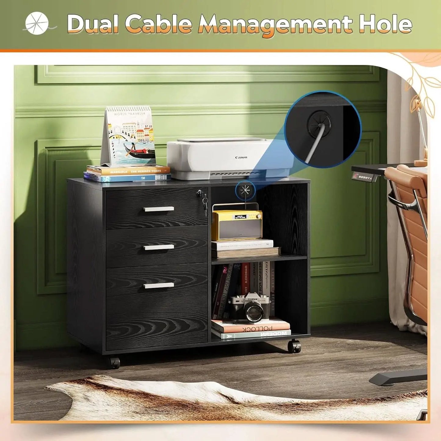 Three Drawer Wood File Cabinet With Lock Black Finish from PriceLows™