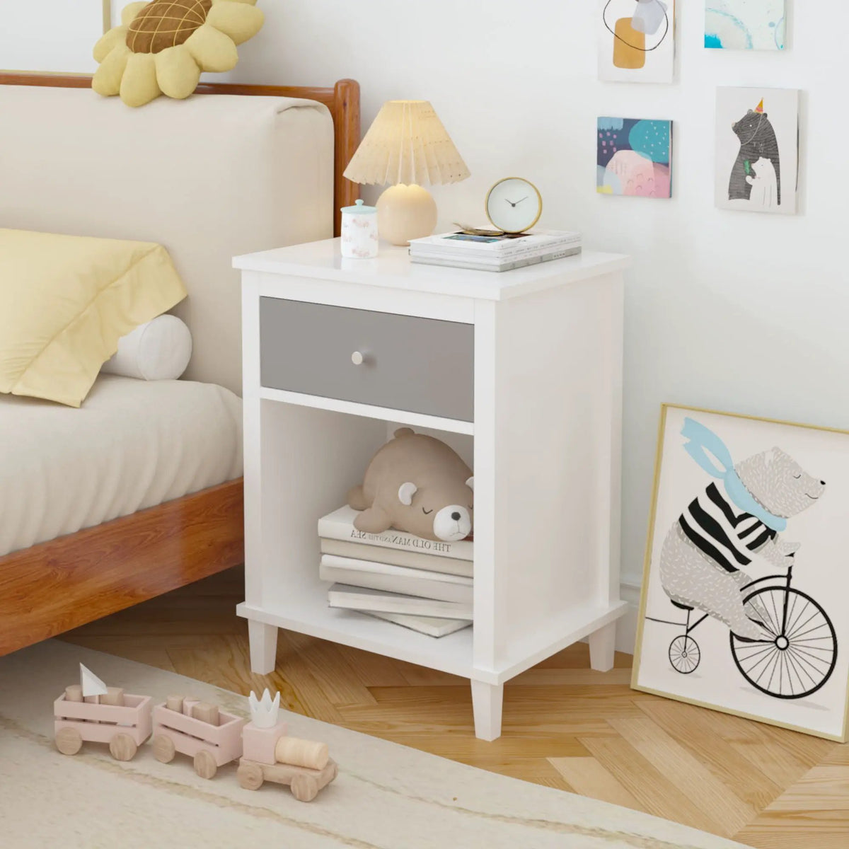 Nightstand With 1 Drawer And 1 Shelf | Aluminum Handles | Tip-Over Restraint | Child-Safe Design