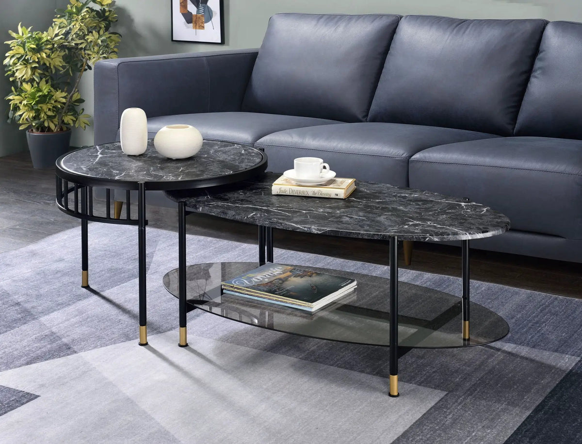 Silas Nesting Table Set | Black | Engineered Stone Top | Oval Coffee Table With Lower Shelf