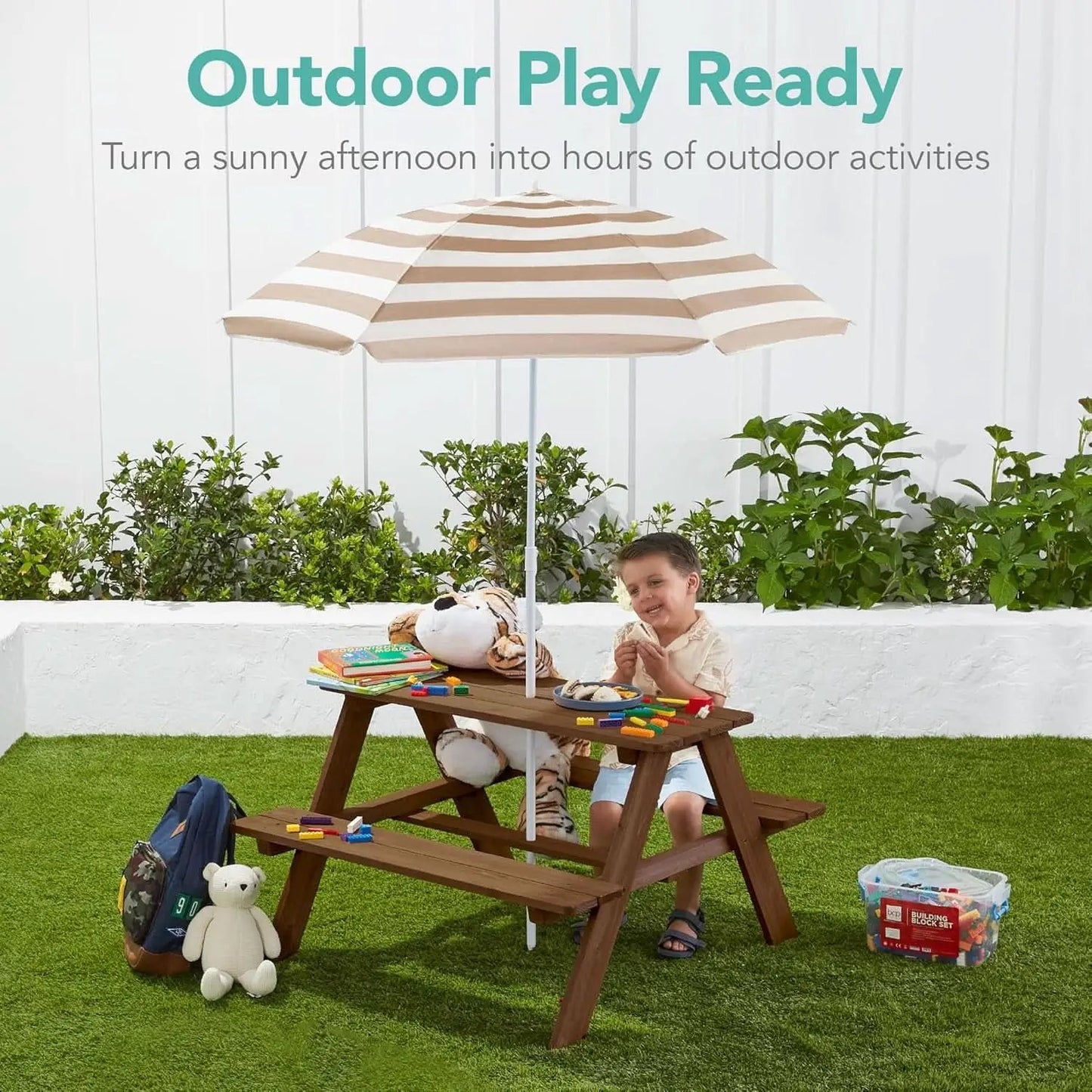 Walnut Wooden Kids Picnic Table With Adjustable Umbrella