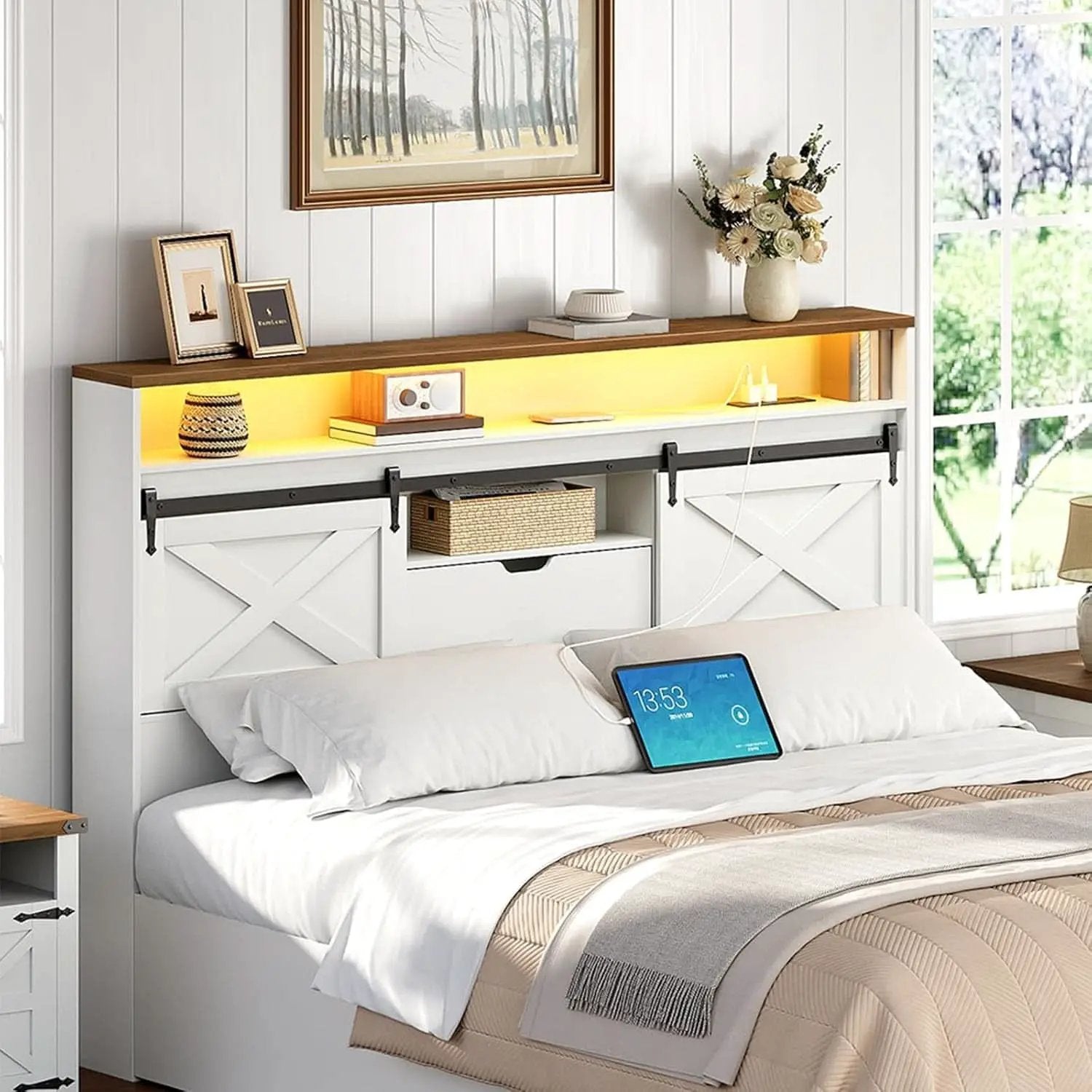Farmhouse Queen Headboard with Storage and Charging Station from PriceLows™