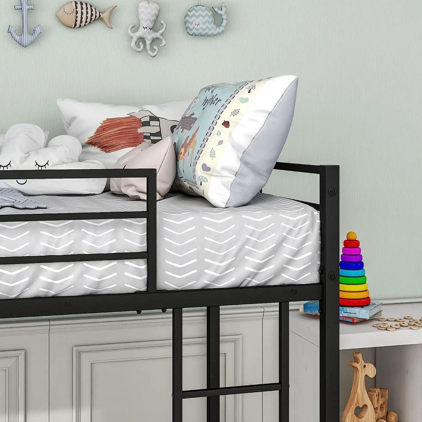 Twin Metal Low Bunk Bed With Guard Rails And Ladder from PriceLows™