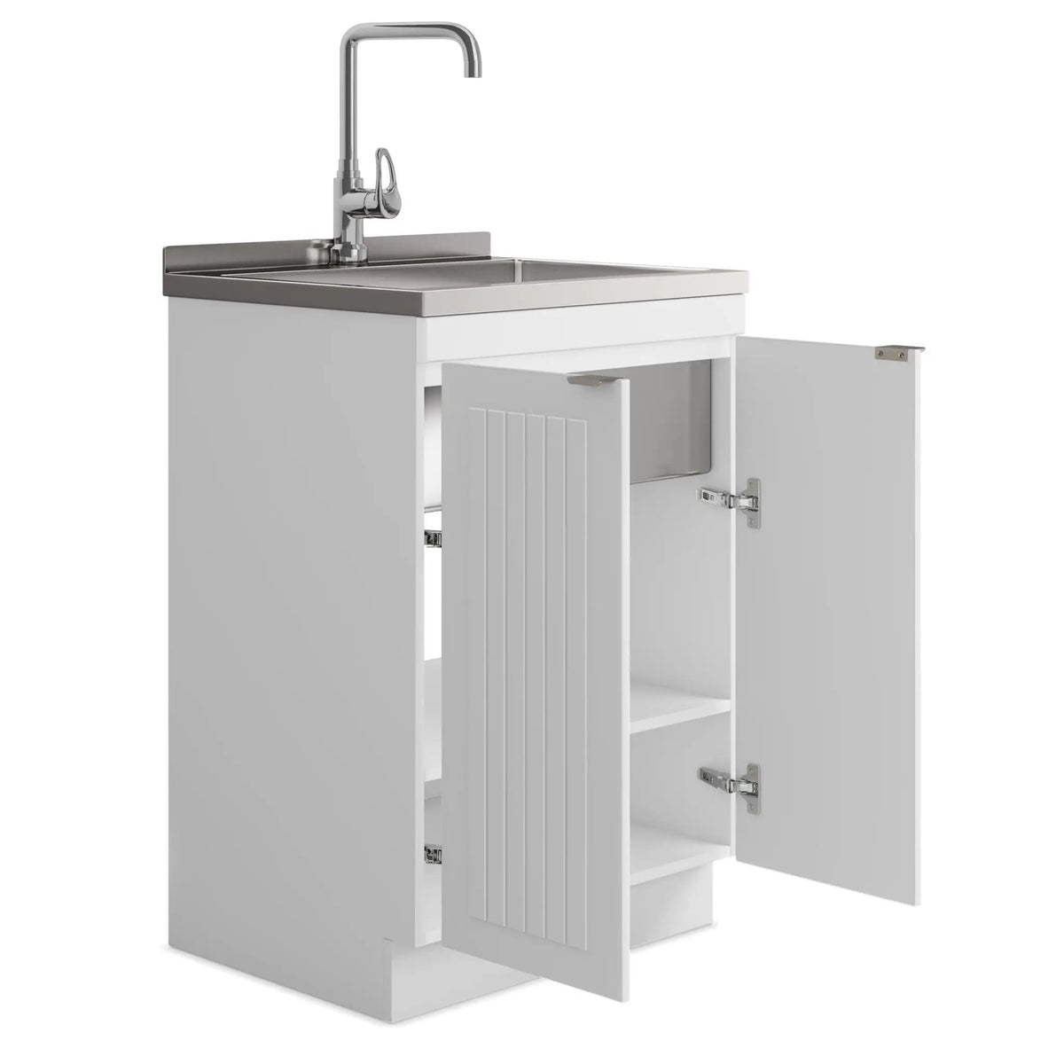 Murphy Laundry Cabinet | Faucet And Stainless Steel Sink | Two Doors | Brushed Nickel Hardware