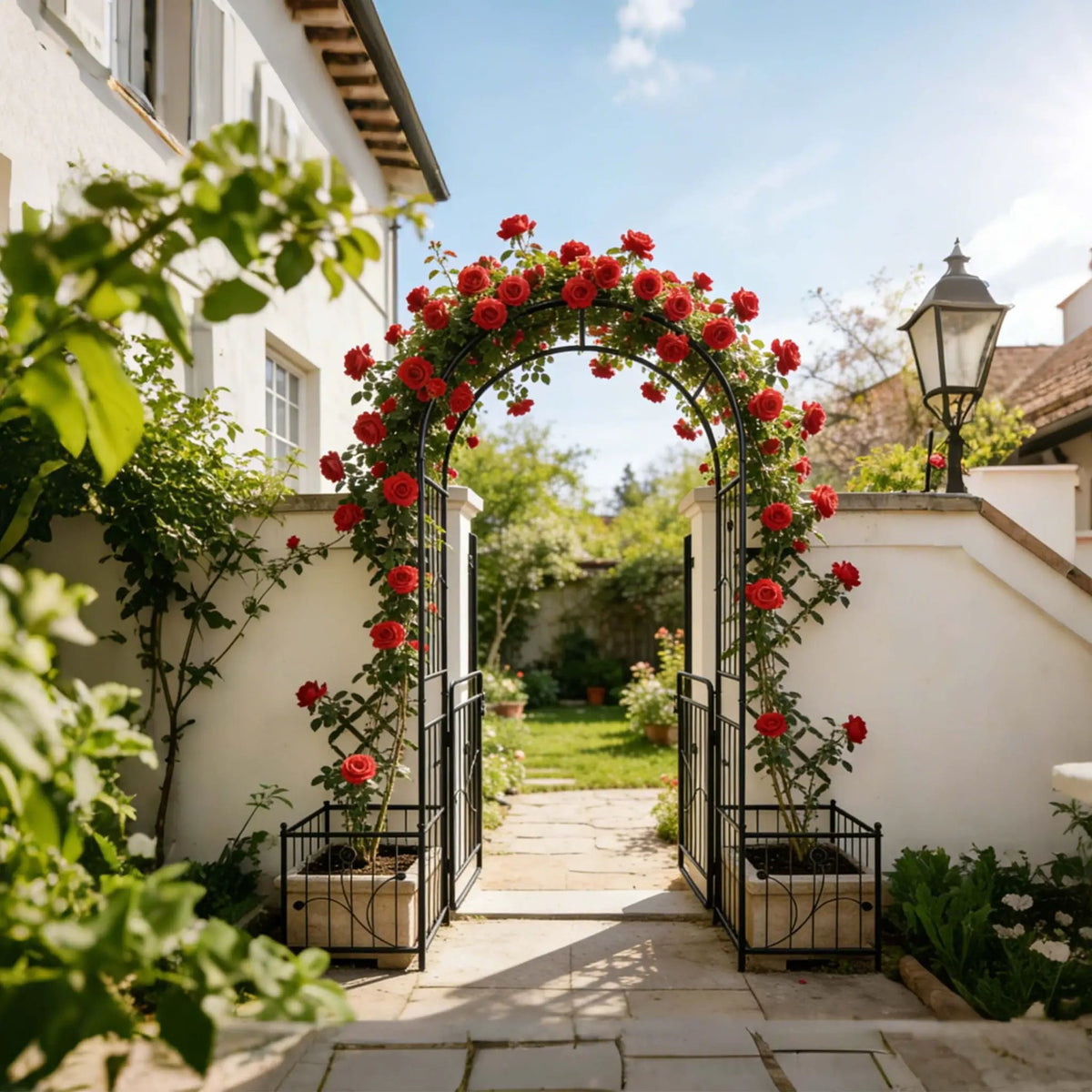 Wide Metal Garden Arch With Gate | Black | 79.5 Inch Width | 86.6 Inch Height