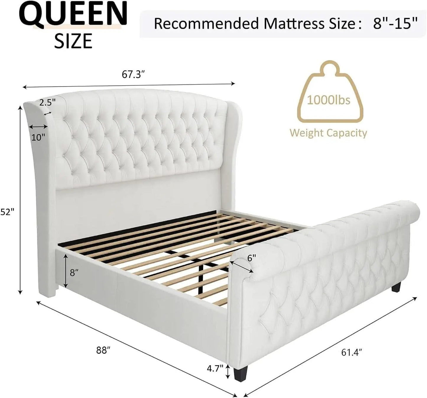 Queen Size Chenille Upholstered Sleigh Platform Bed with Button Tufted Headboard from PriceLows™