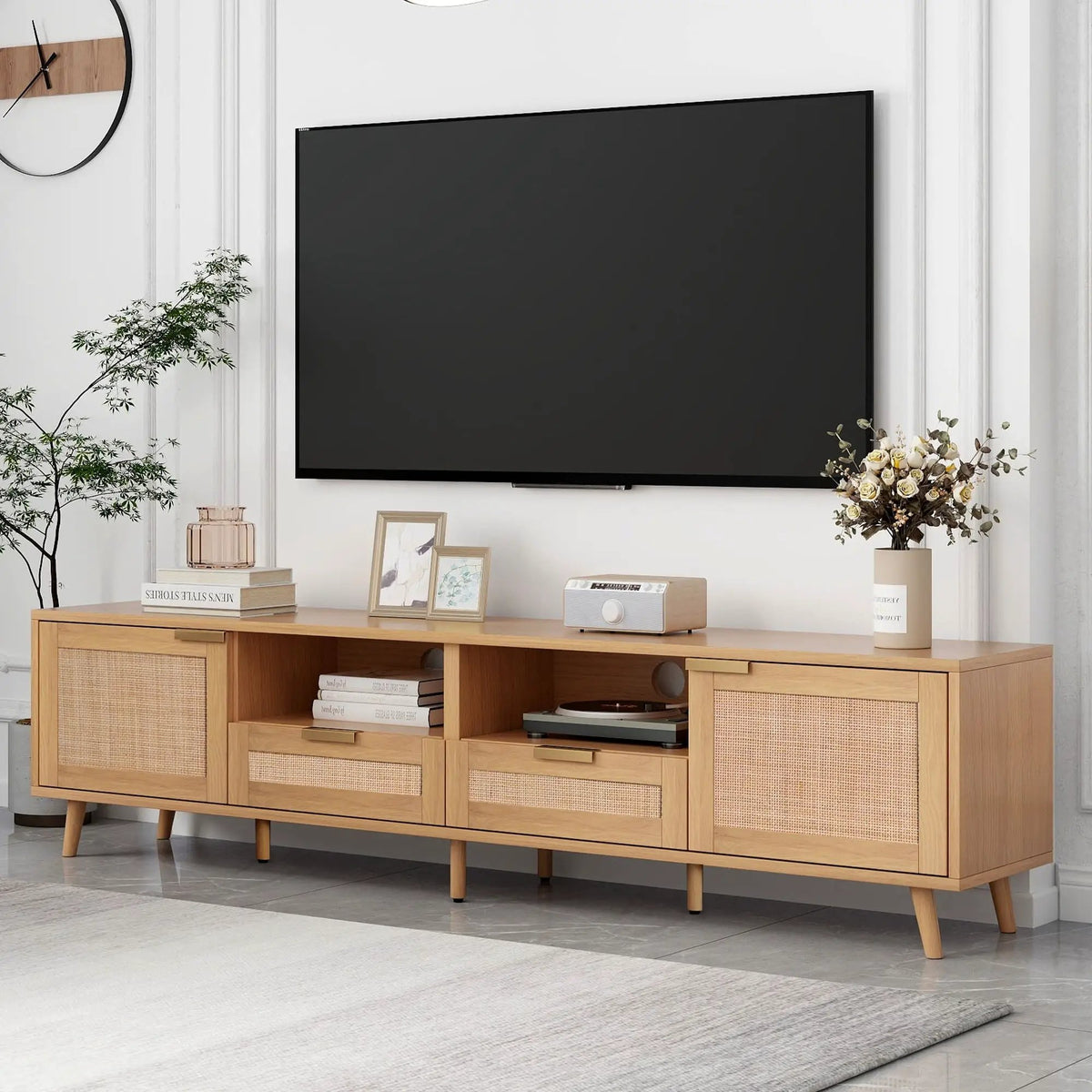 Rattan TV Stand | Media Console | Two Cabinets And Two Open Shelves | Cable Management