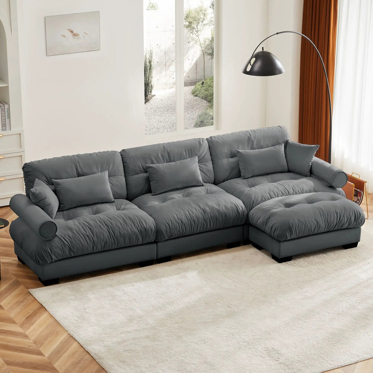 Modular Sectional Sofa | Deep Comfort Cushions | Vintage Fabric Ottoman