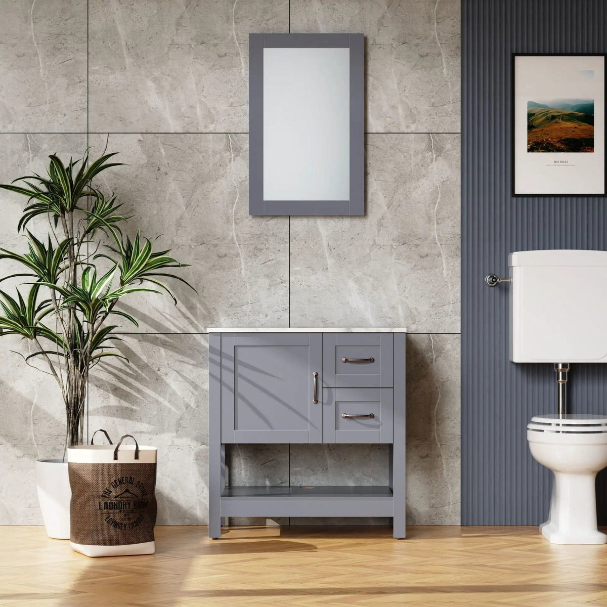 Bathroom Vanity With Mirror And Top Only - | 30 x 18.5 x 31.5 in | Marble & Stainless Steel | Gray