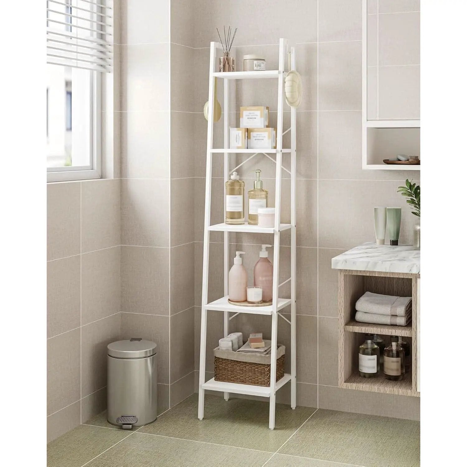 5 Tier White Ladder Shelf Bookcase With Two Hooks For Corner from PriceLows™