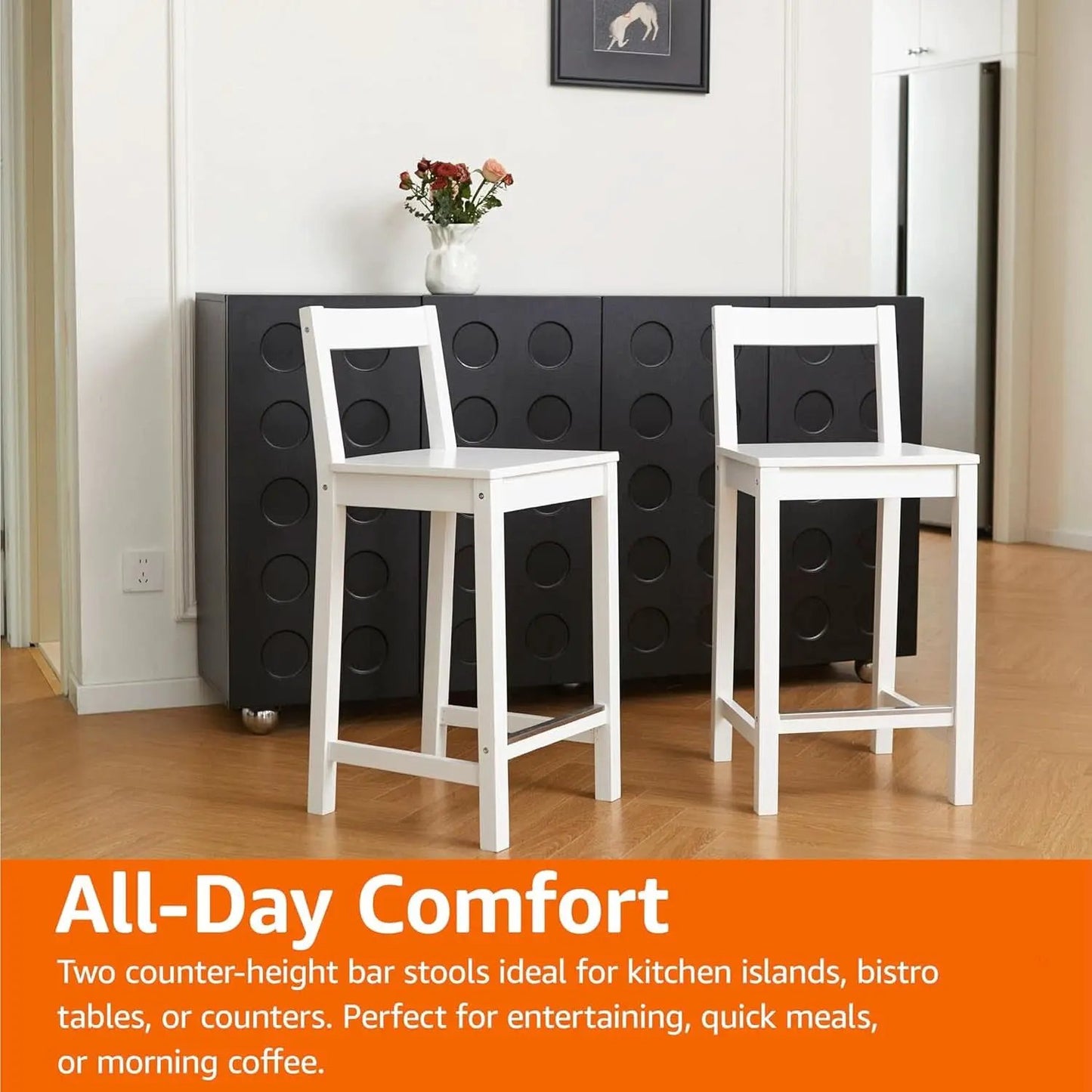 White Wooden Bar Stool With Backrest, Counter Height from PriceLows™