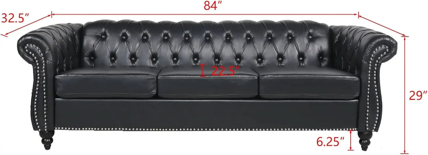 3 Seater PU Chesterfield Sofa Black Tufted Nailhead Trim from PriceLows™