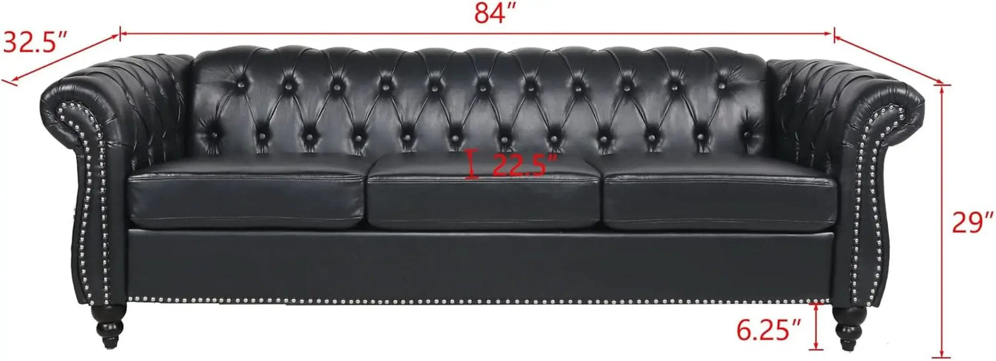3 Seater PU Chesterfield Sofa Black Tufted Nailhead Trim from PriceLows™