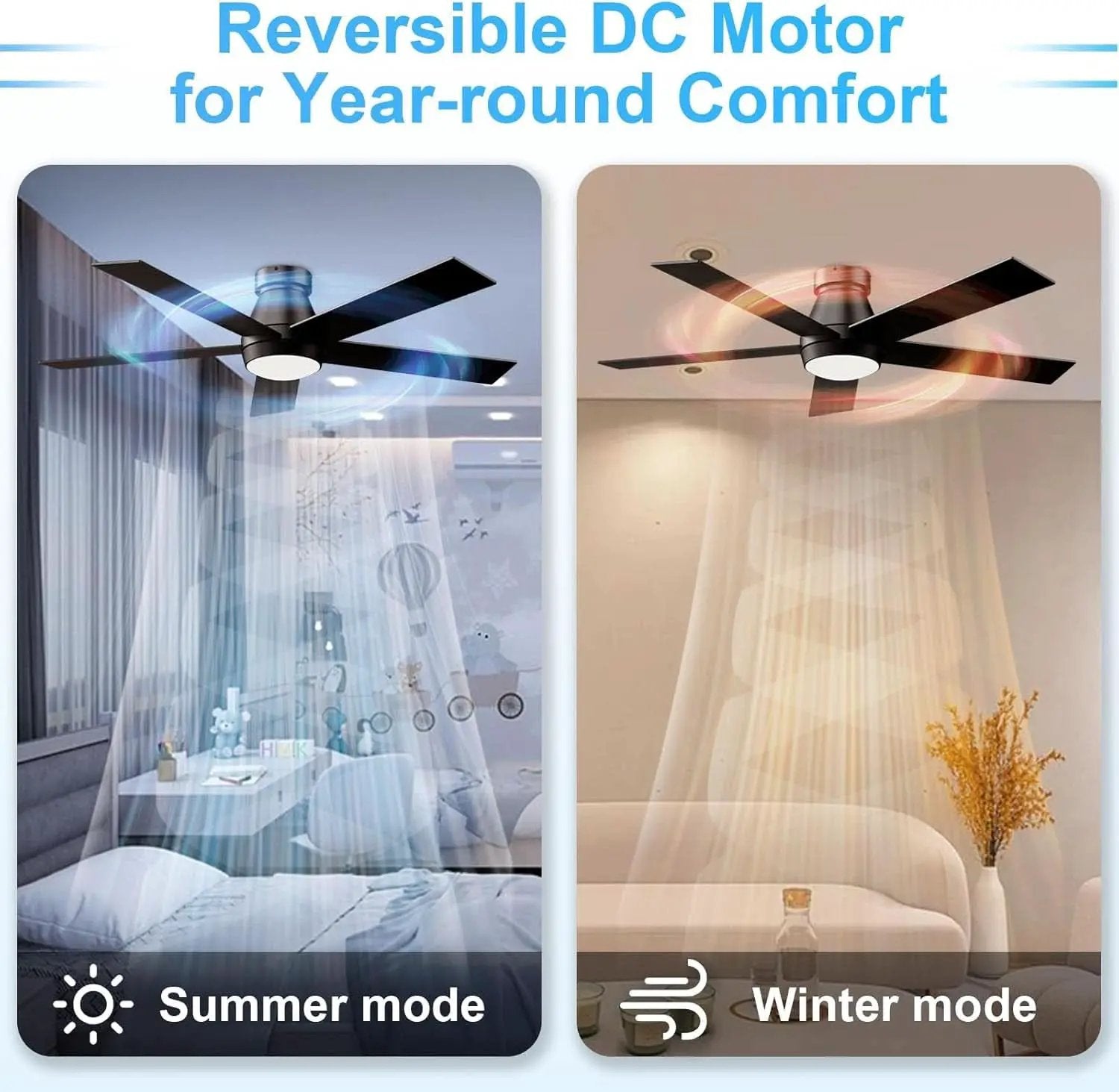 52 Inch Black Flush Mount Ceiling Fan With Dimmable Lights from PriceLows™
