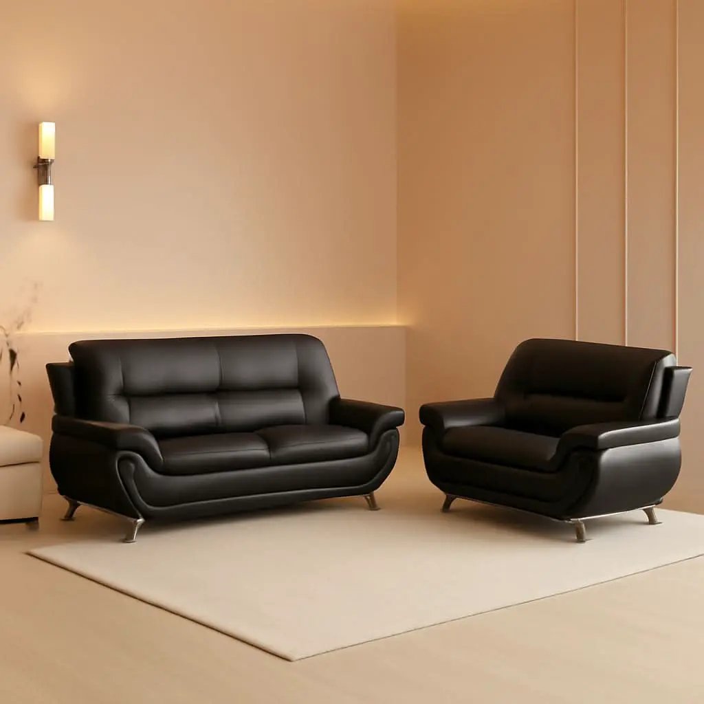 Black 5 Seat Faux Leather Sectional Sofa Set For Living Room from PriceLows™