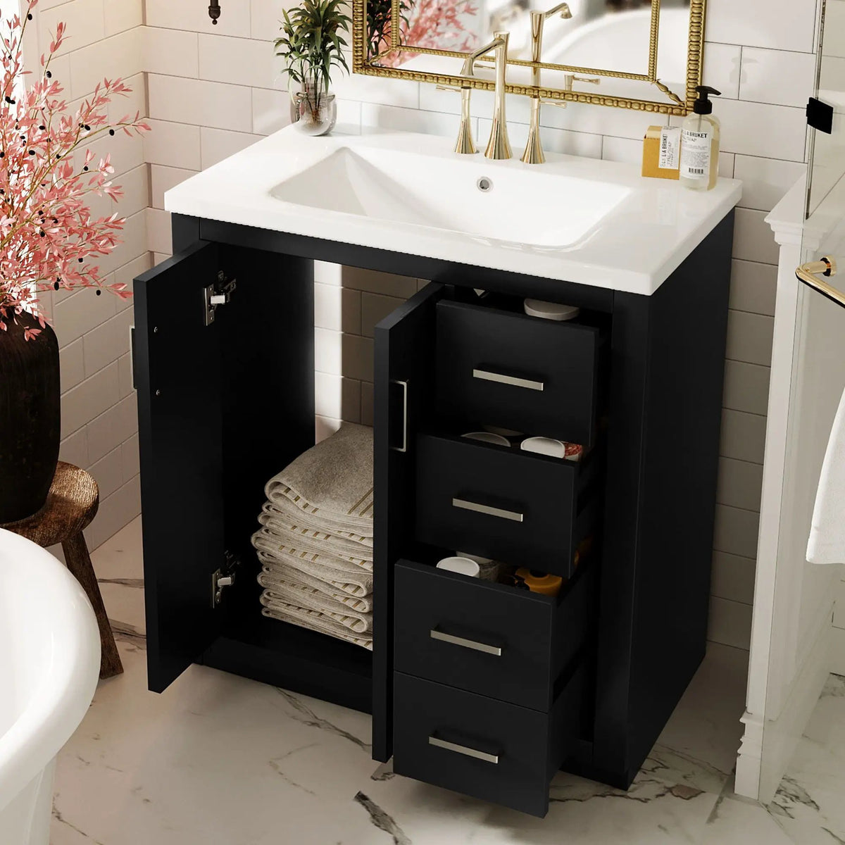 30 Inch Bathroom Vanity | Freestanding Set | 3 Drawers | Solid Wood Frame