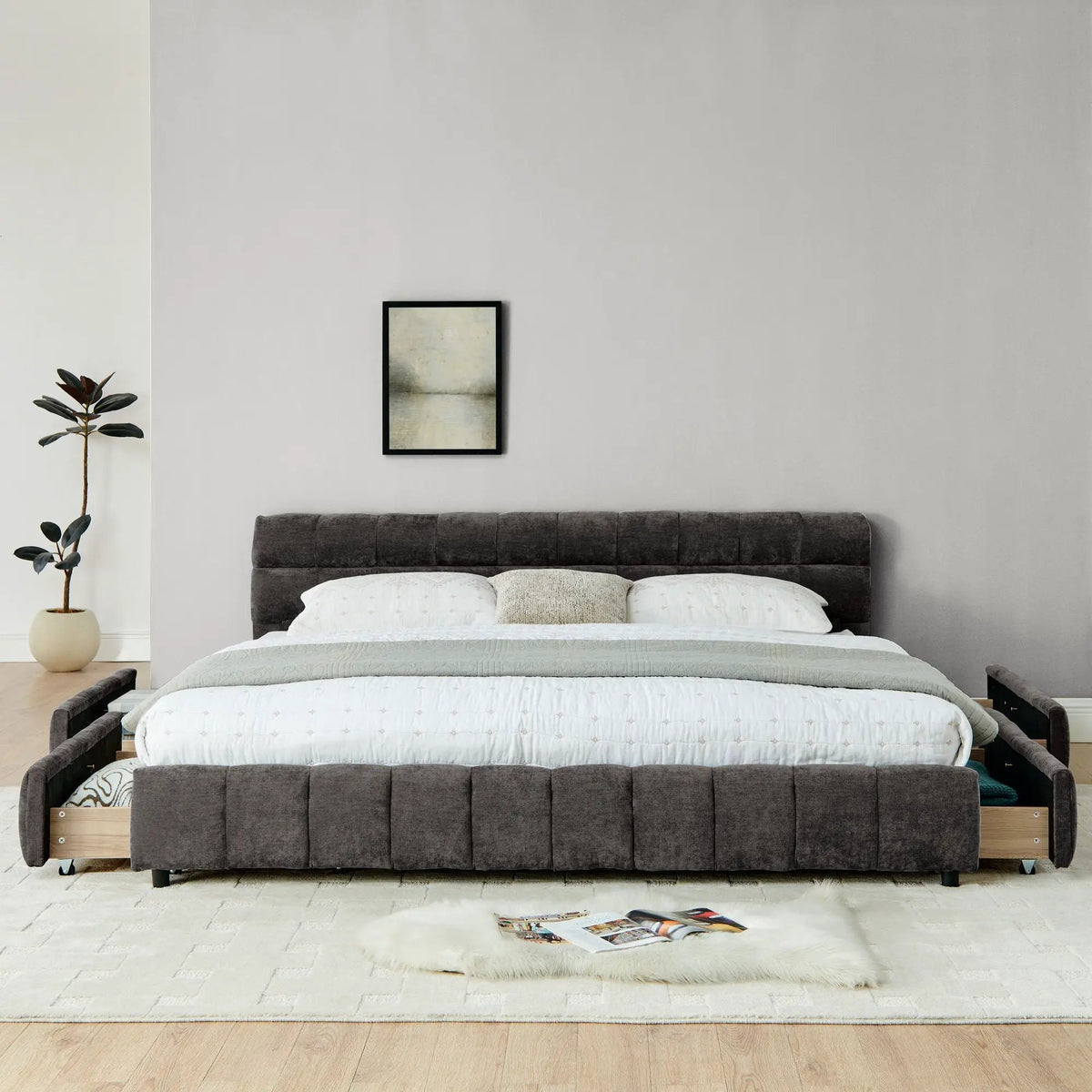 Modern Platform Storage Bed Frame | Thick Fabric Upholstery | Soft Headboard | Solid Construction