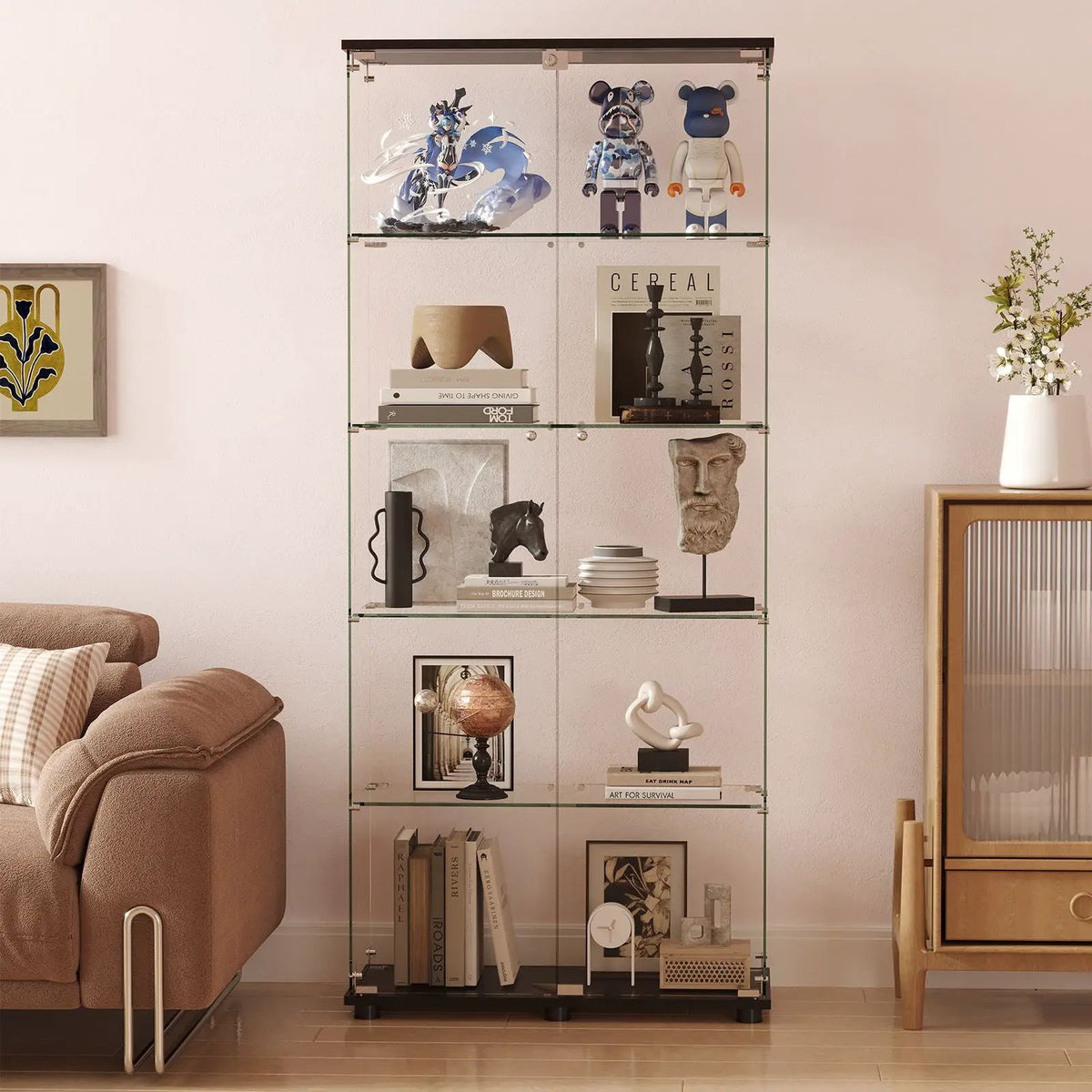 Display Cabinet With Lock | Double Doors | 5mm Tempered Glass Shelves | 50 Lb Shelf Capacity