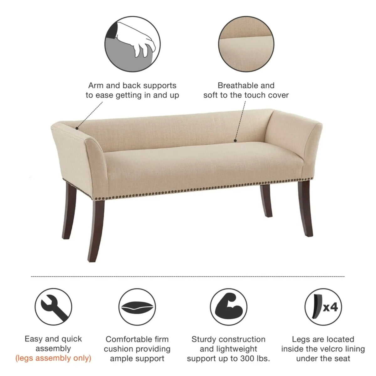 Upholstered Bench | Solid Wood Frame | Low Back And Flared Arms | Nailhead Trim