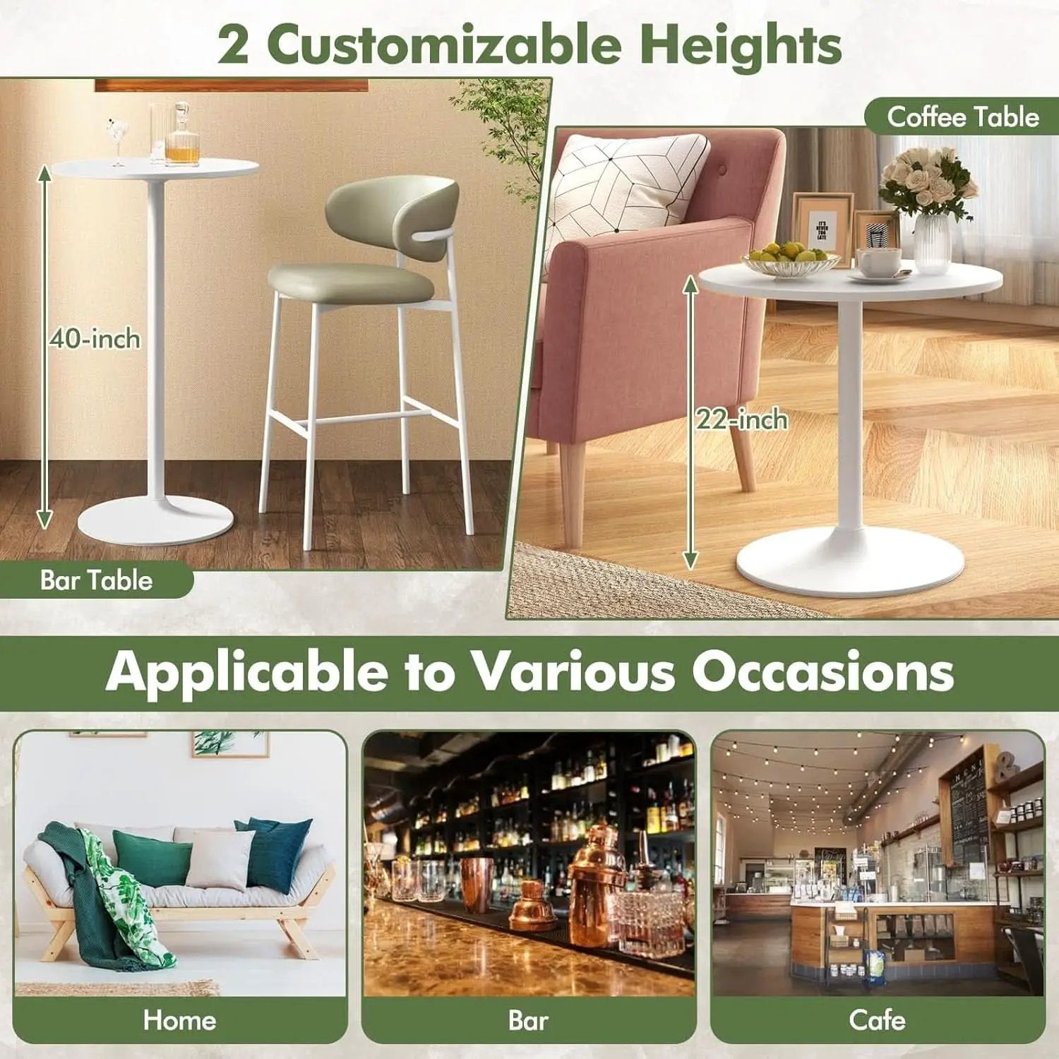 Round Height-Adjustable White Bistro Table Bar Home from PriceLows™