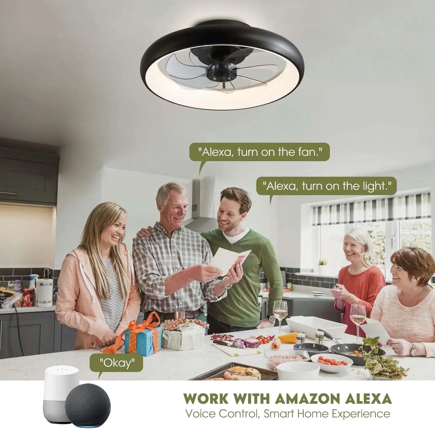 20 Inch Black Flush Mount Smart Ceiling Fan With LED Lights from PriceLows™