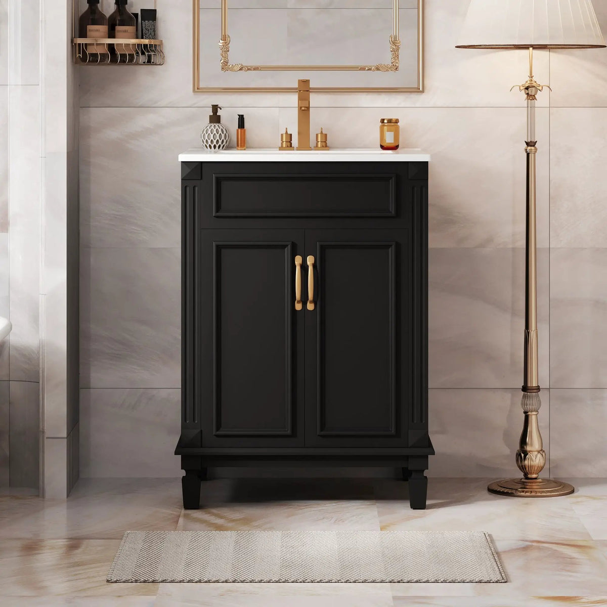 24 Inch Bathroom Vanity With Top Sink | Rubberwood Frame | 2 Soft Closing Doors | Glossy Ceramic Basin