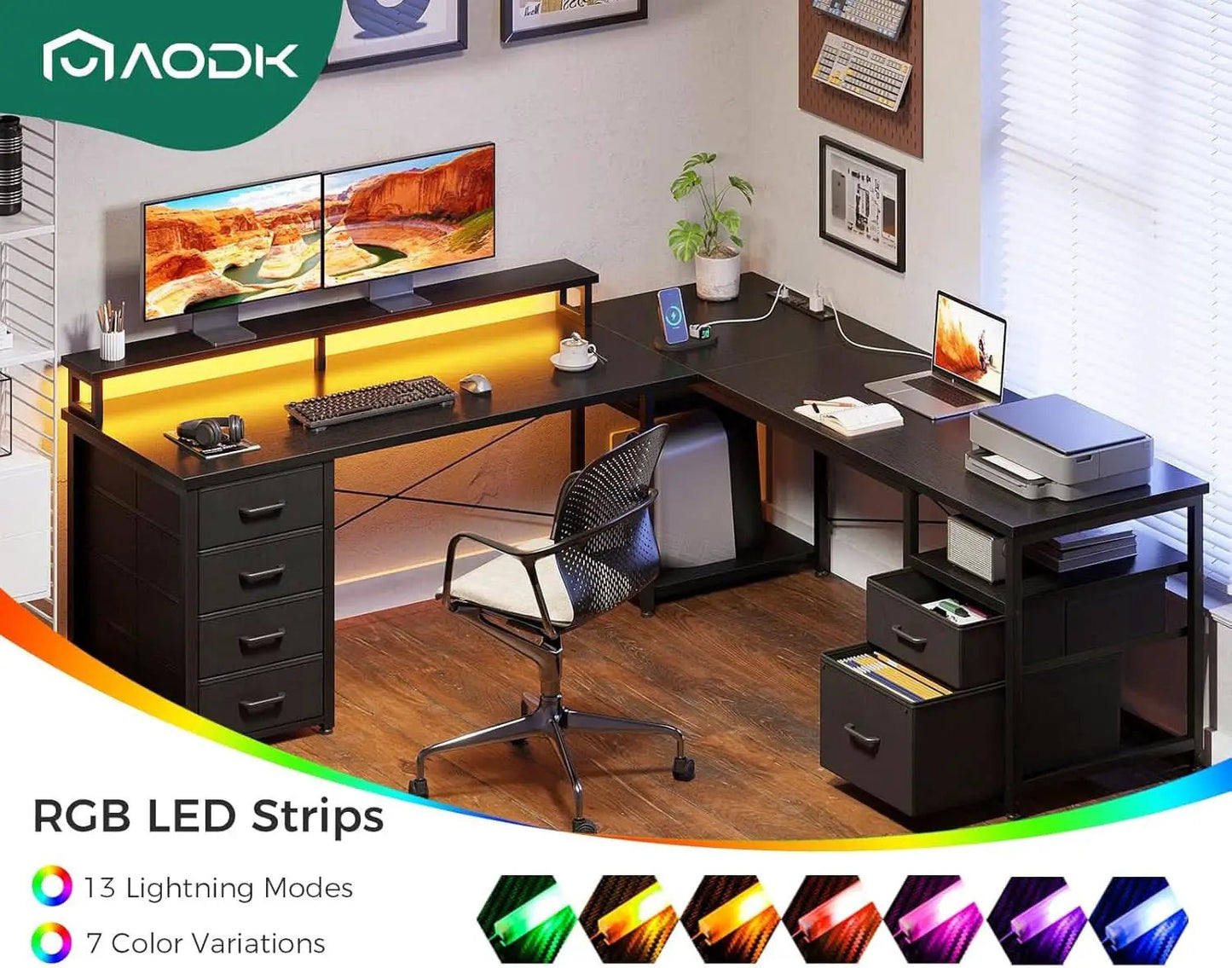 66 Inch L Shaped Computer Desk With LED Lights And Power Outlet from PriceLows™