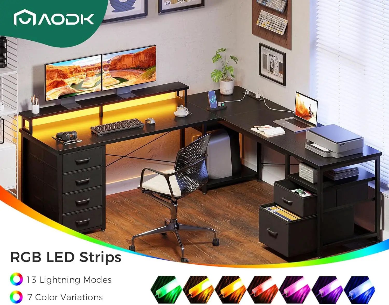 66 Inch L Shaped Computer Desk With LED Lights And Power Outlet from PriceLows™