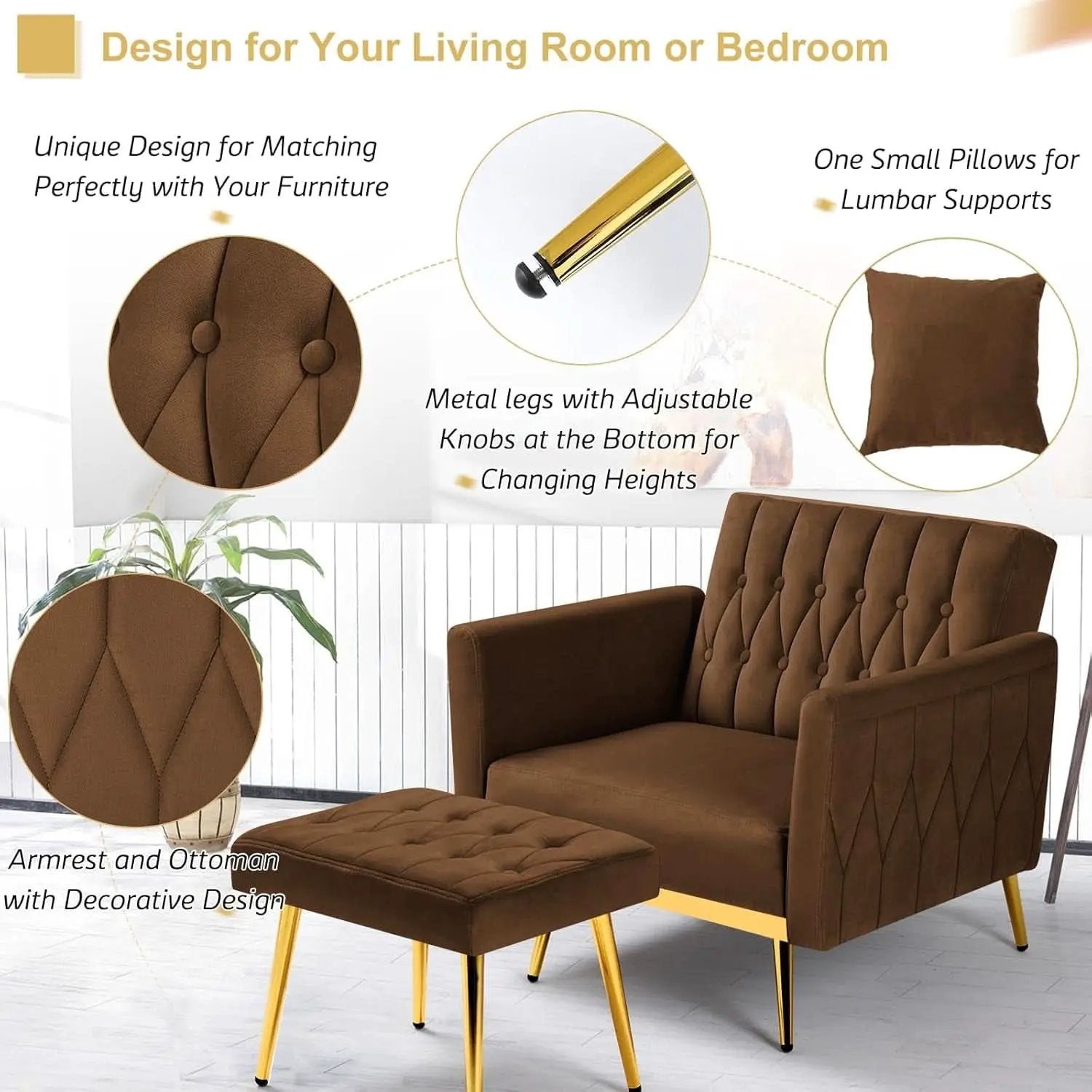 2 Piece Velvet Sofa Set With Adjustable Armrests, 70 Inch Convertible Futon Sofa Bed, Brown from PriceLows™