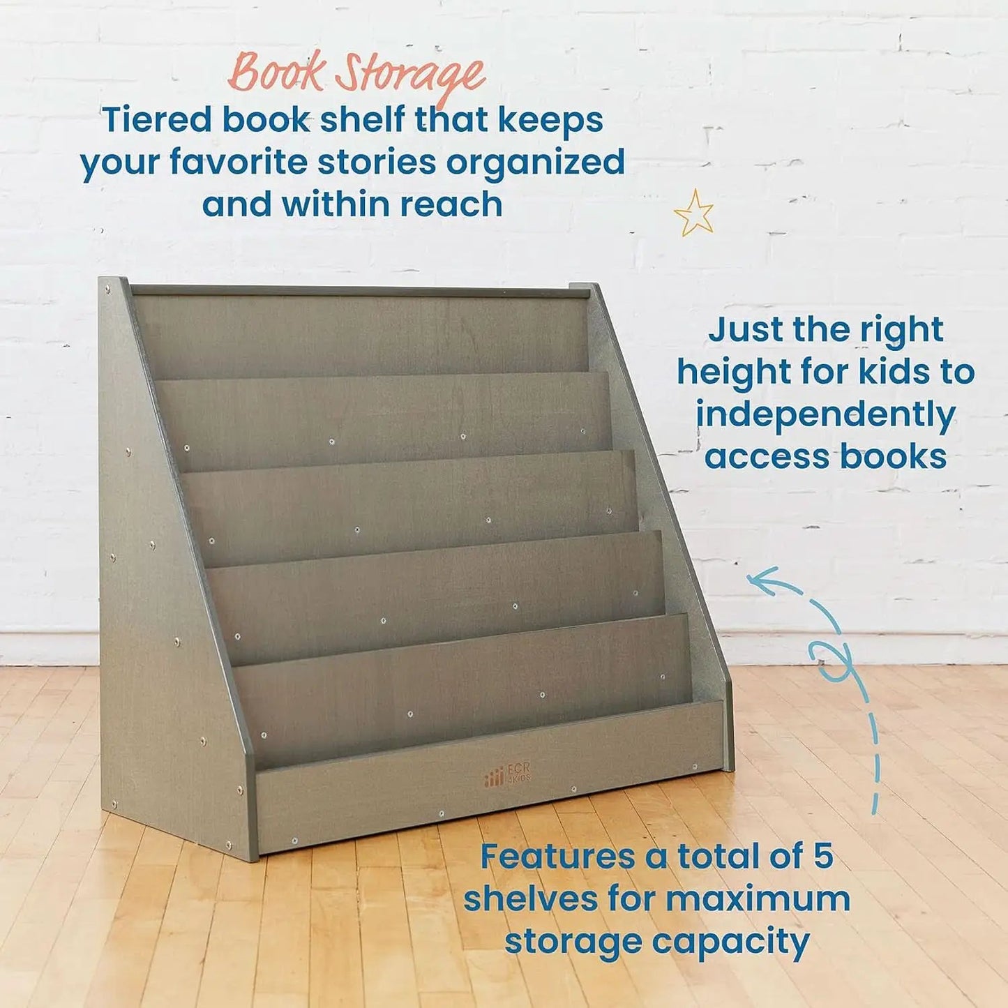 Single Sided Book Display Five Wide Slots Classroom Bookshelf Grey Wash from PriceLows™