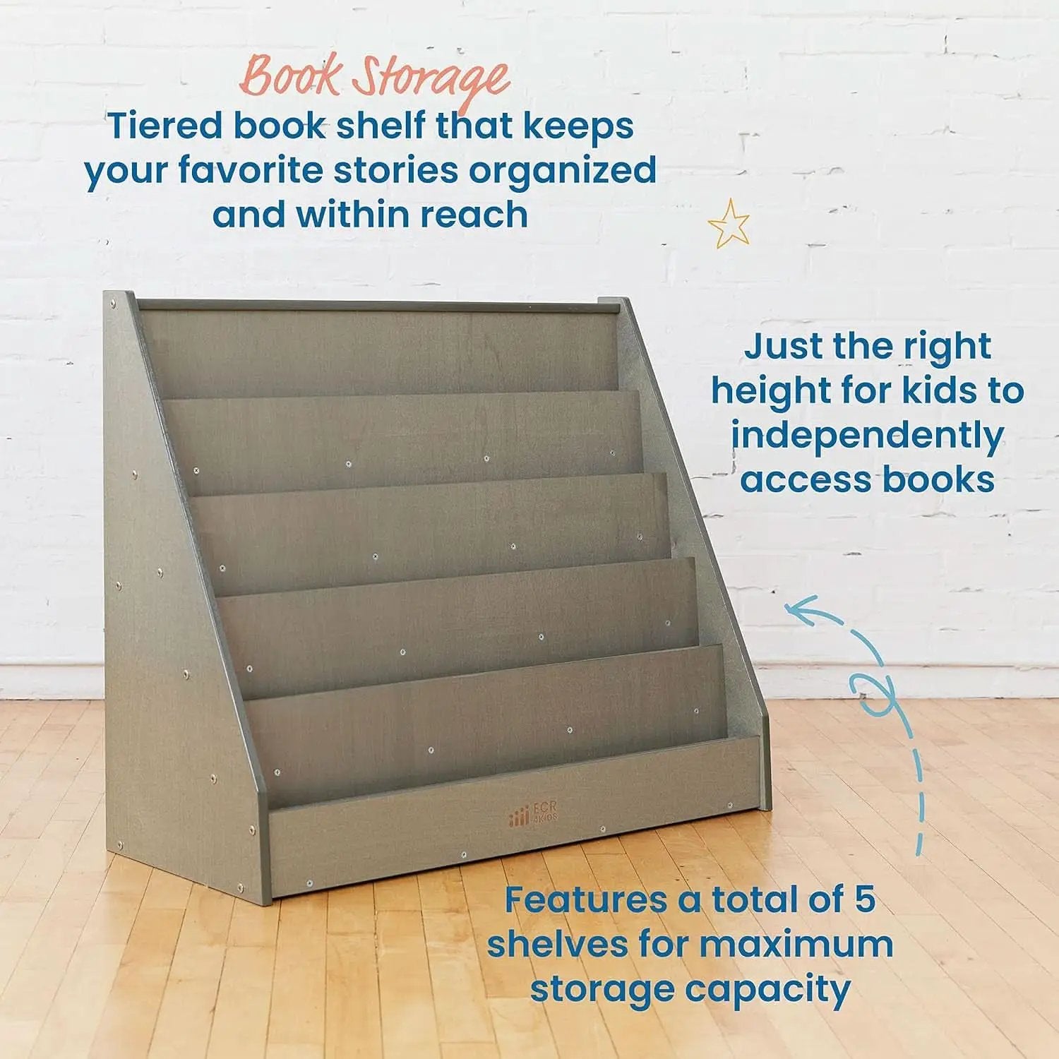 Single Sided Book Display Five Wide Slots Classroom Bookshelf Grey Wash from PriceLows™
