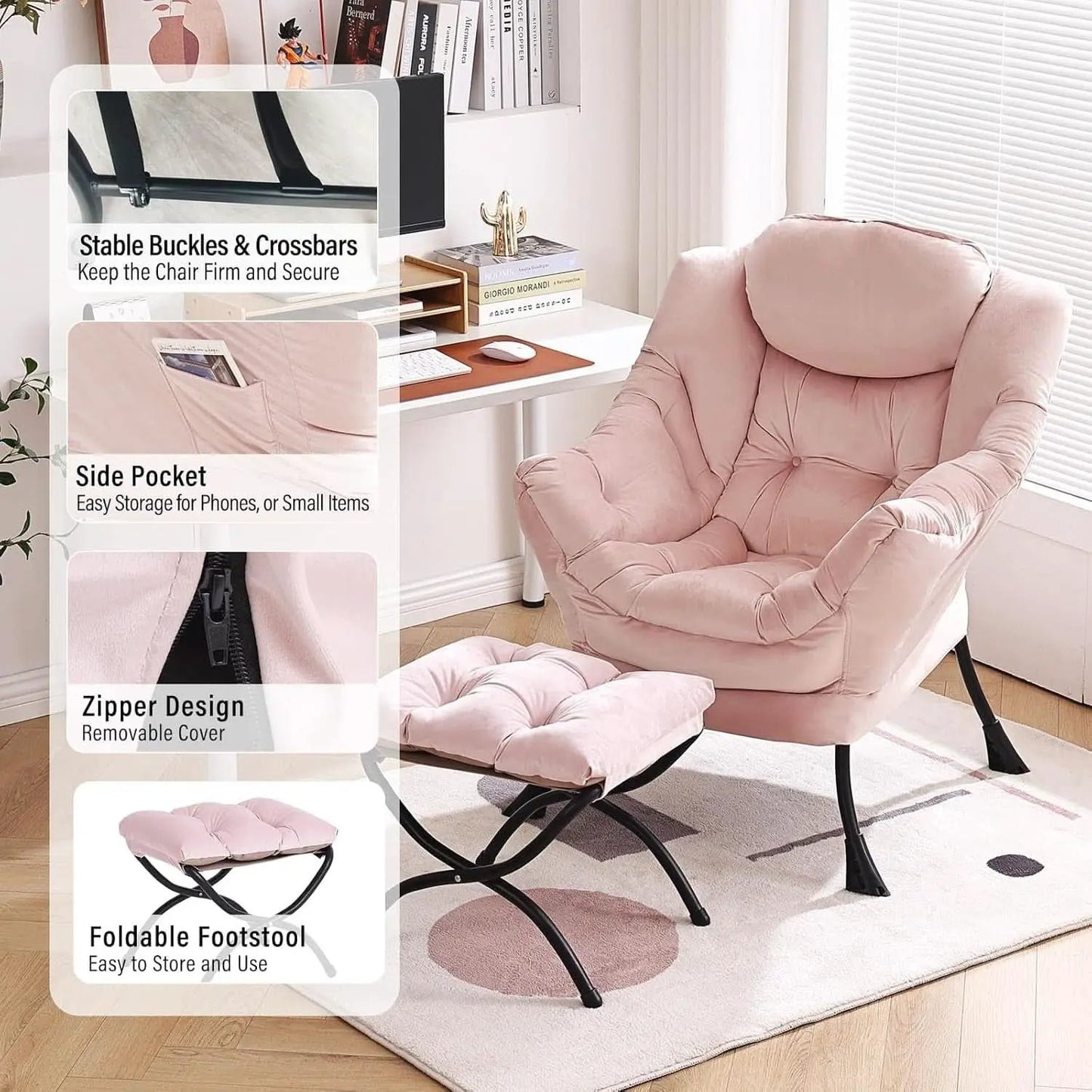 Pink Velvet Lounge Chair With Folding Footrest Ottoman from PriceLows™