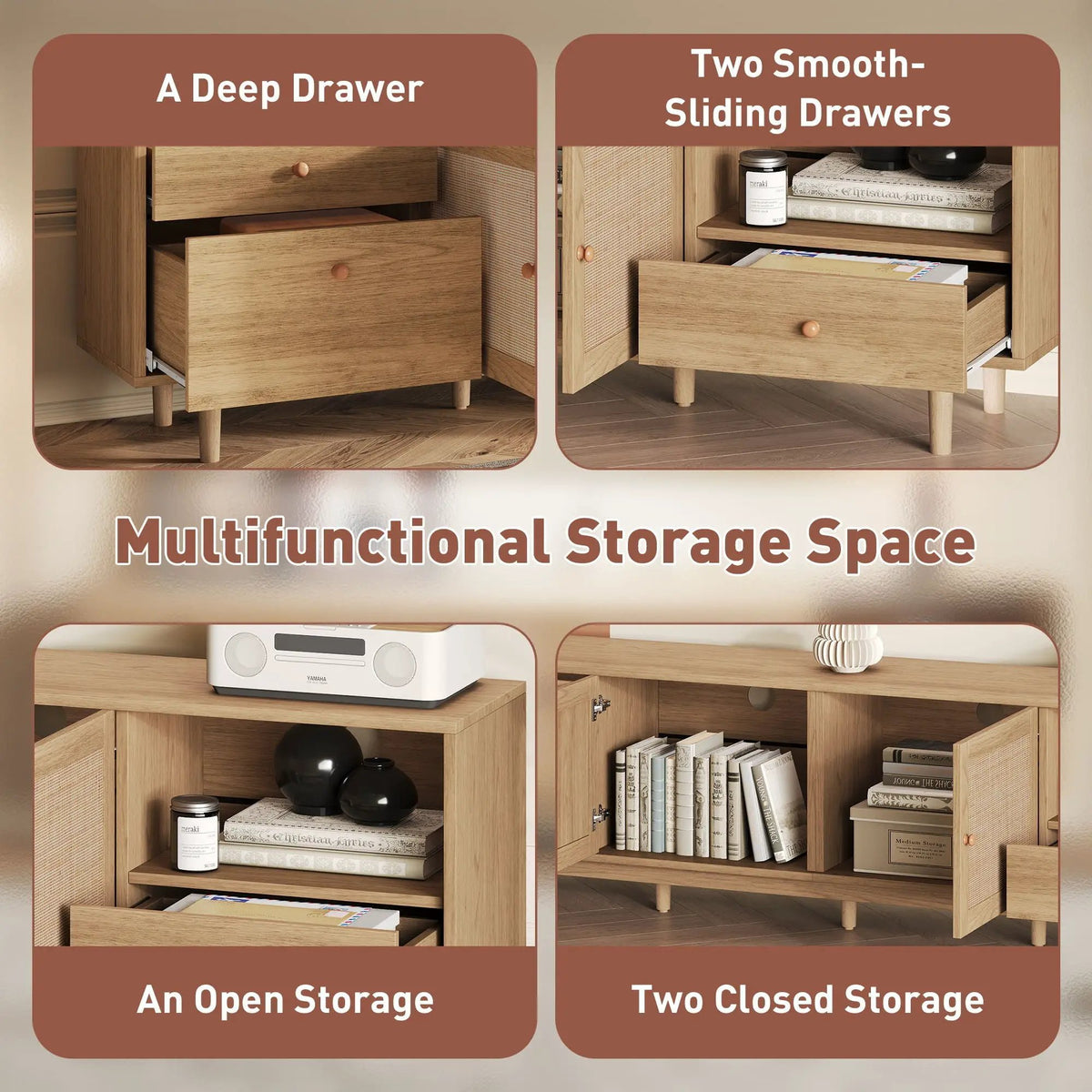76 Inch TV Stand With Doors | Three Drawers | Two Cabinets | Natural Rattan Doors
