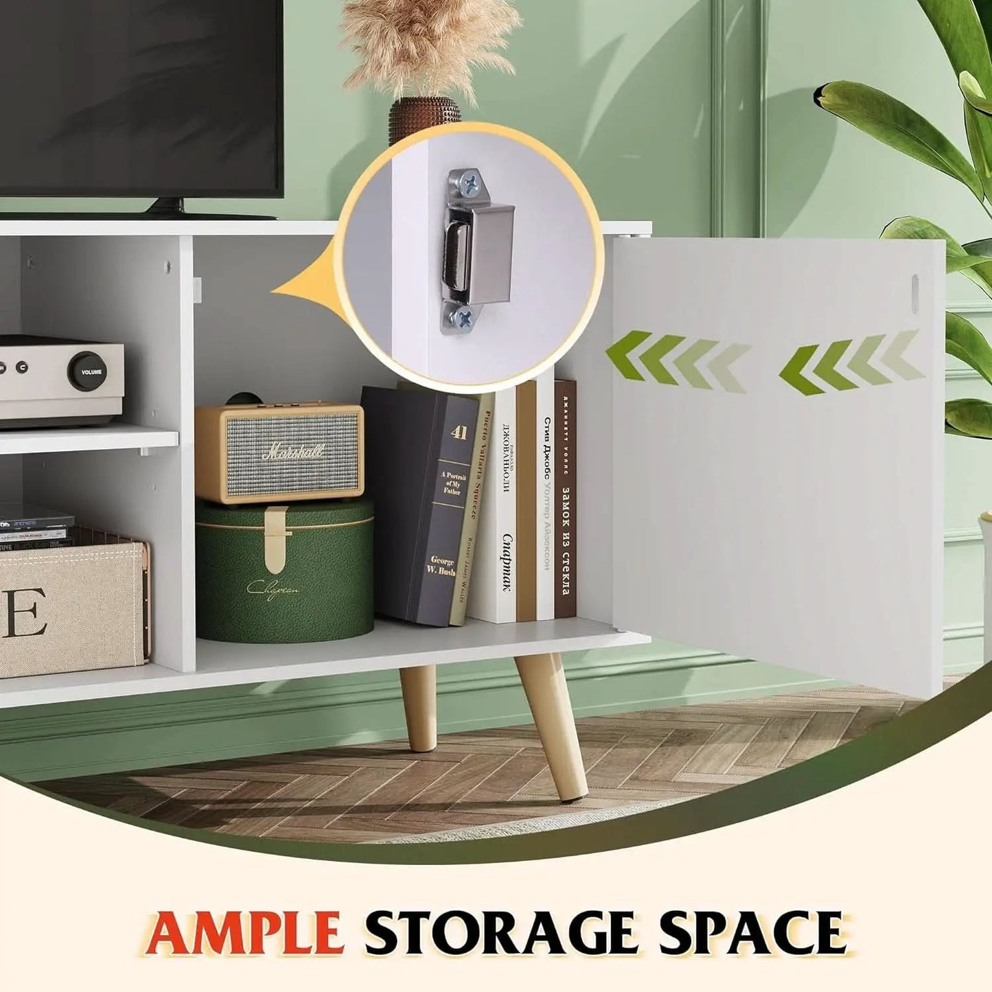 55-Inch TV Stand White Mid-Century Modern Storage Shelves from PriceLows™
