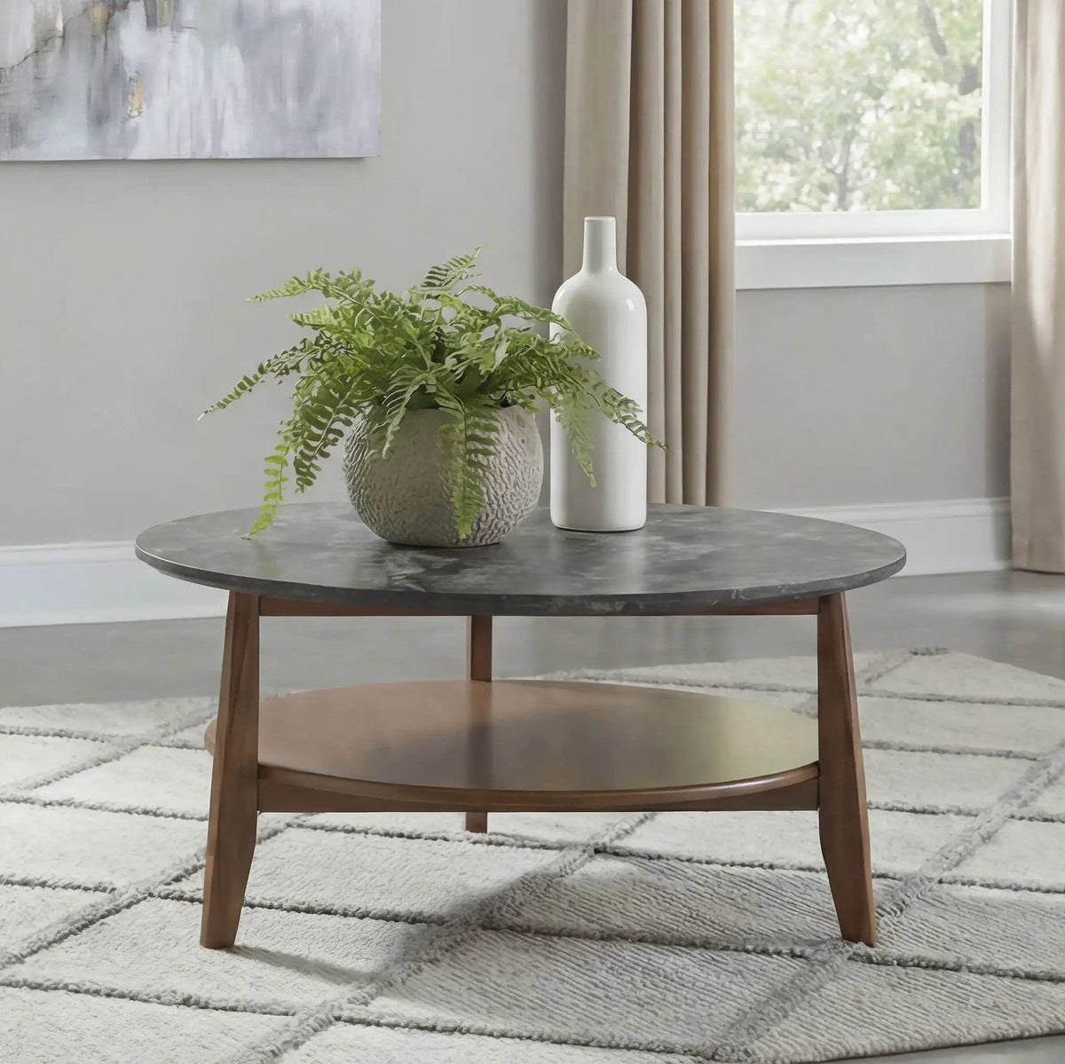 Bradley Round SmartTop Cocktail Coffee Table Smokey Grey and | 36 x 36 x 17.75 in | Rubberwood & Engineered Wood | Brown