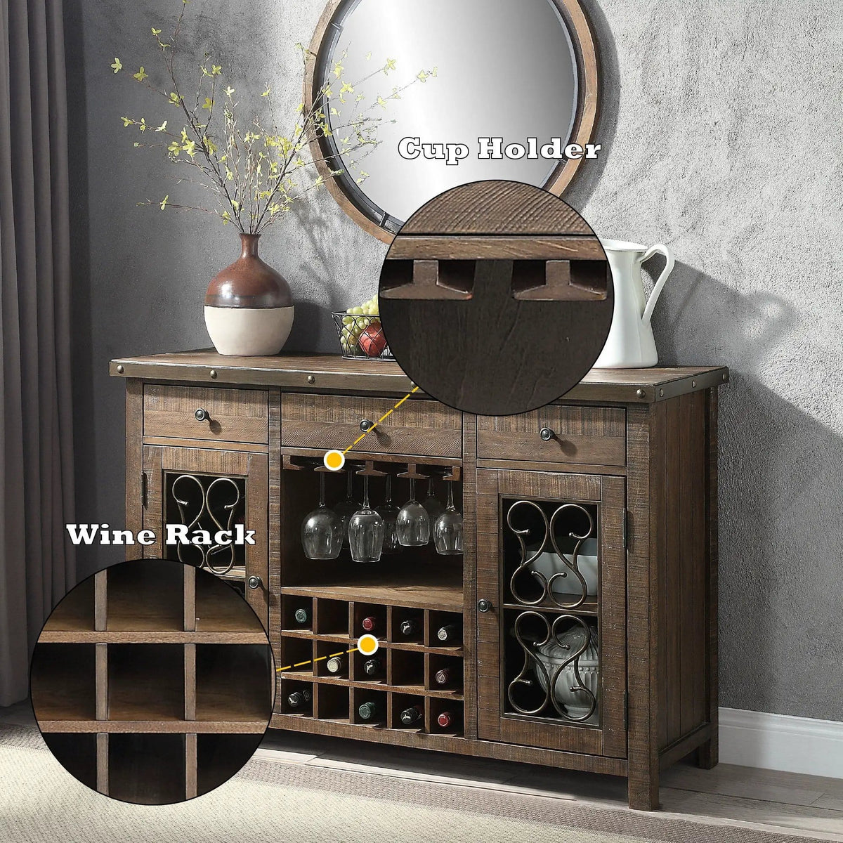 Raphaela Server With Cup Holder & Wine Rack | 18 x 56 x 36 in | Metal | Cherry