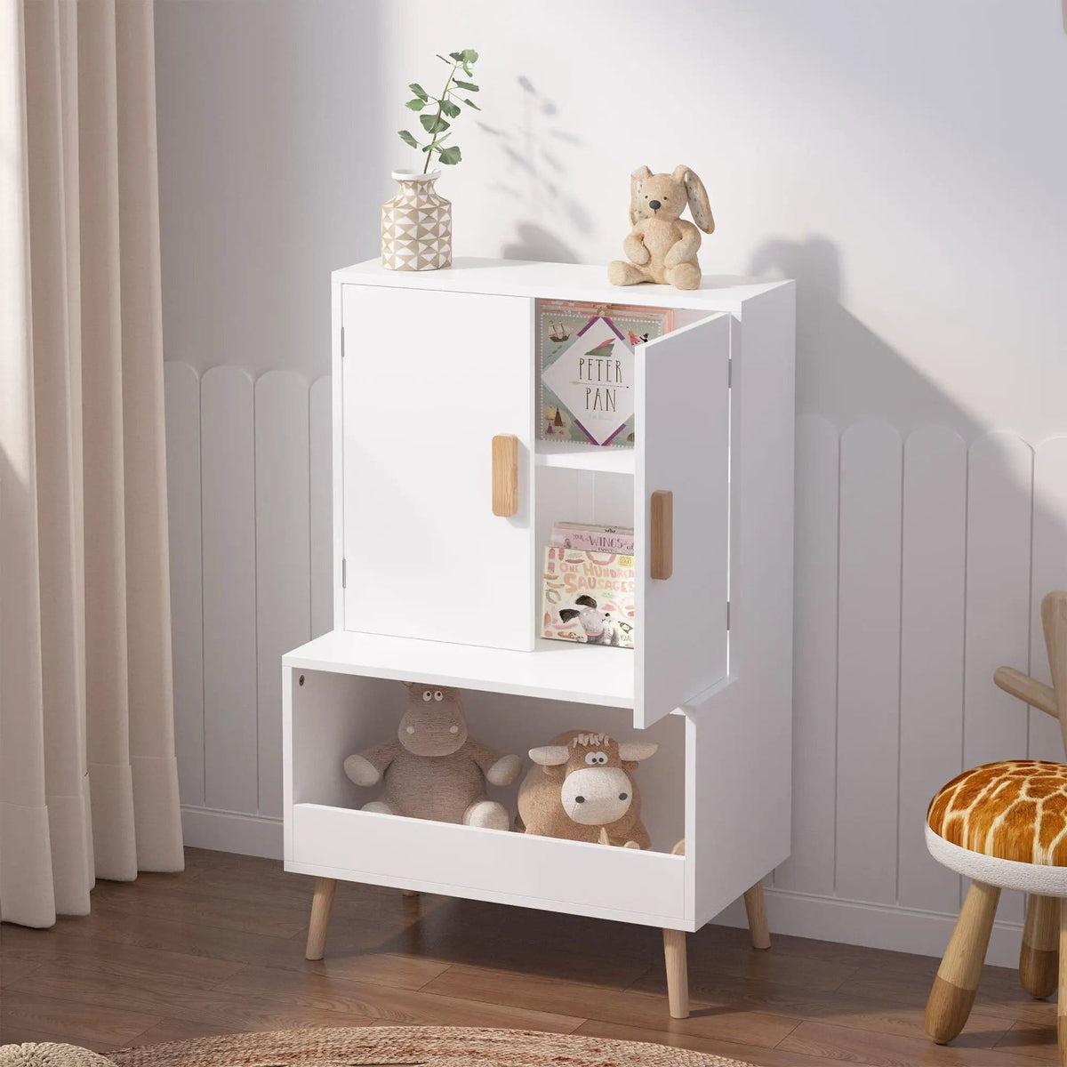 Toy Storage Cabinet With Doors And Open Shelf, Toddler Bookshelf For Playroom | 23.62 x 13.78 x 37.4 in | Solid Wood | White