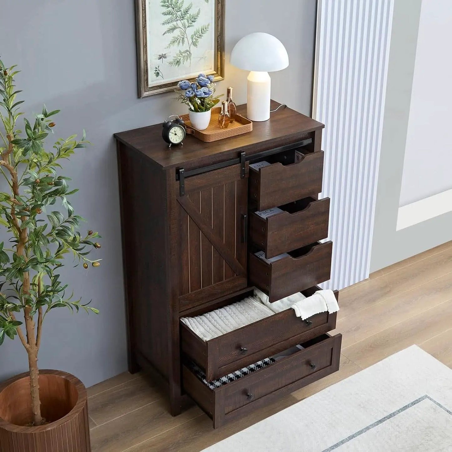 Espresso Dresser With FiveDrawers Sliding Barn Doors from PriceLows™