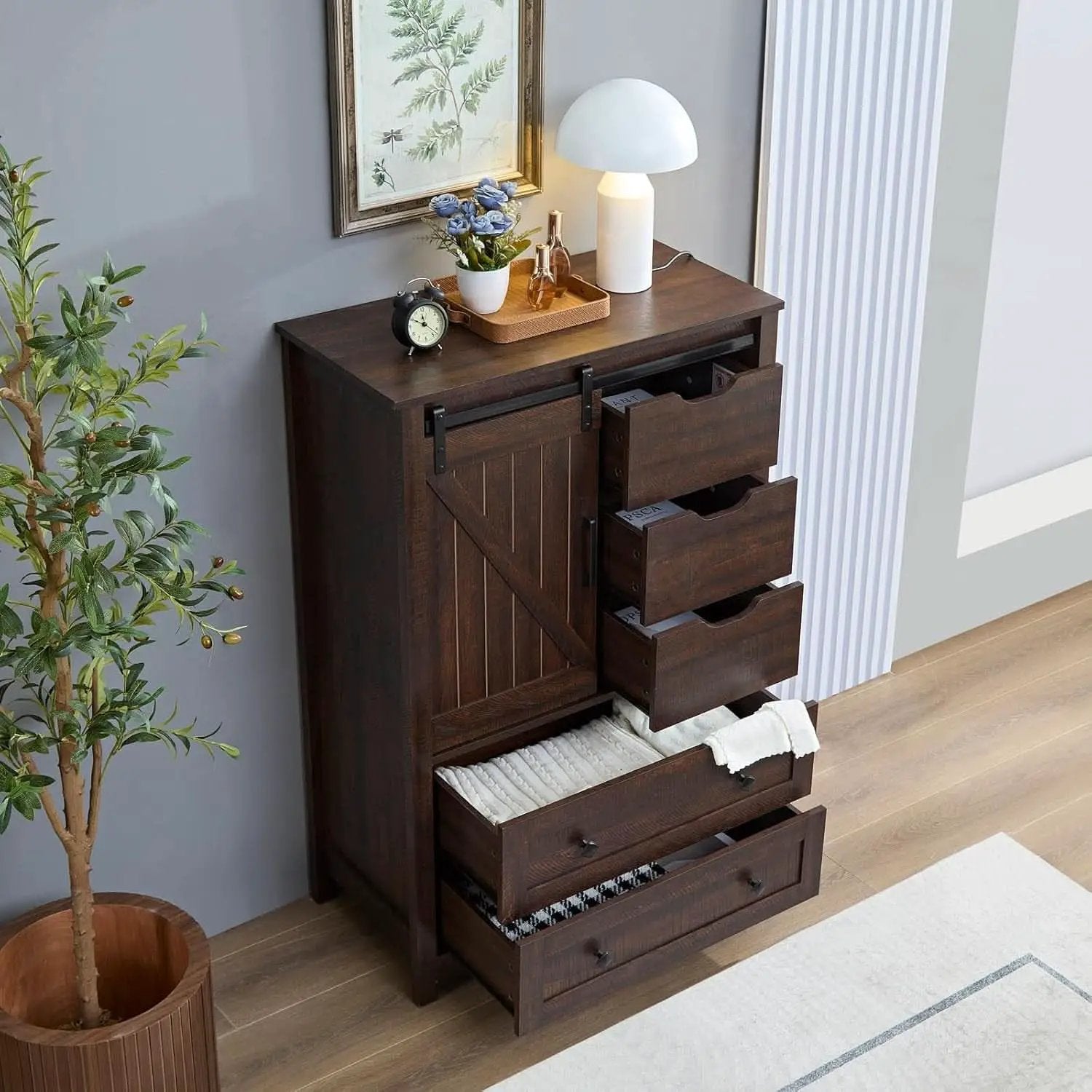 Espresso Dresser With FiveDrawers Sliding Barn Doors from PriceLows™