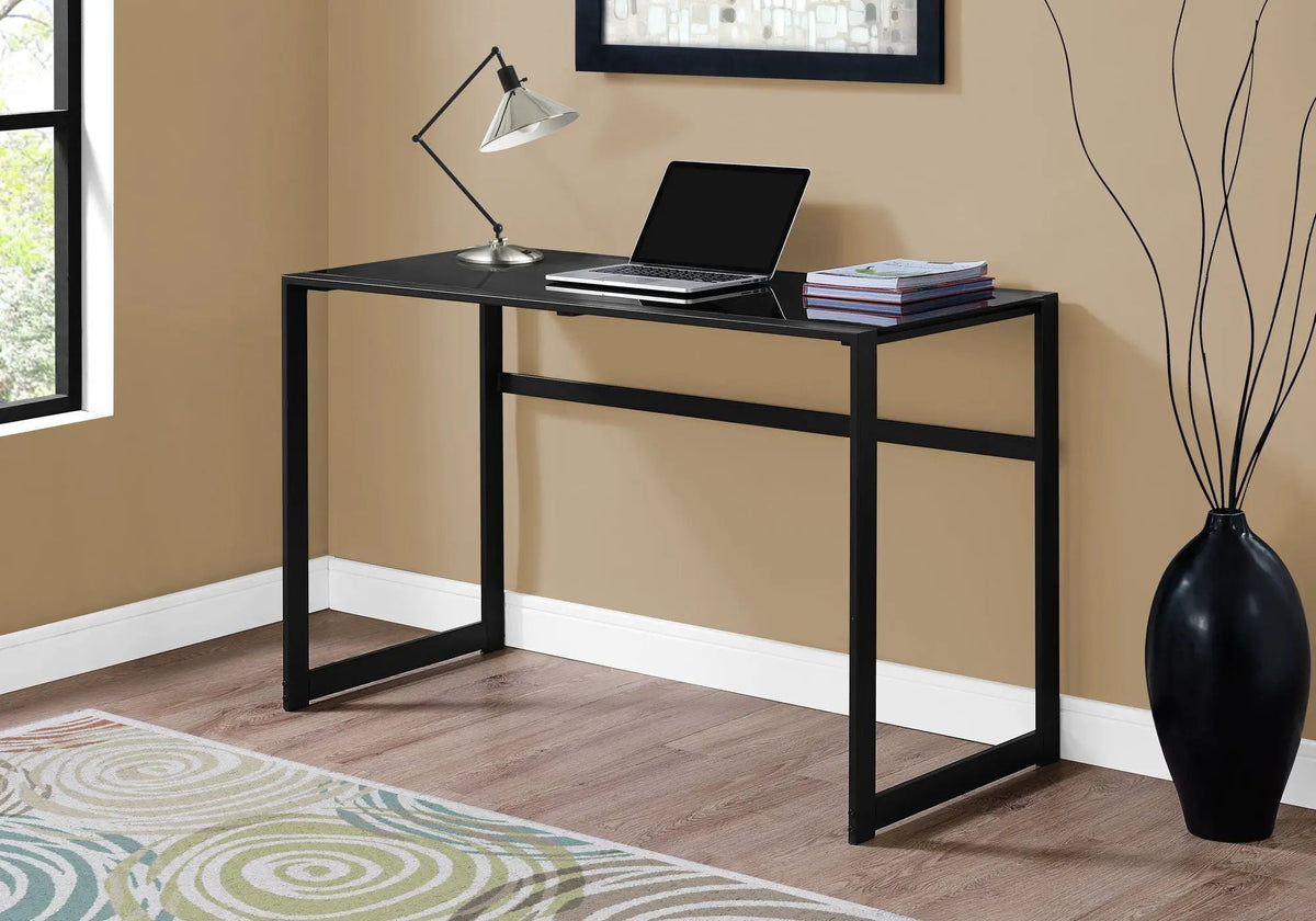 Frosted Glass Computer Desk | 48 Inch Width | Tempered Glass Top | Metal Trestle Support