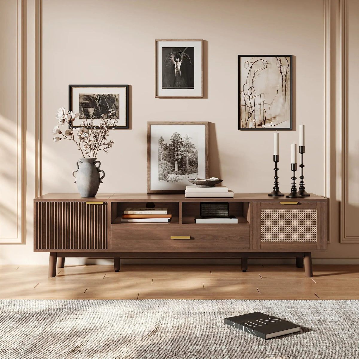 75 Inch TV Stand | Soft Closing Doors | Interwoven Rattan Door | Drop Down Cabinet