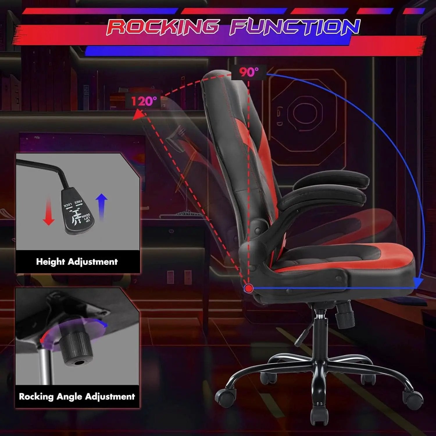 Black Red Leather Gaming Chair With Flip Up Armrests from PriceLows™