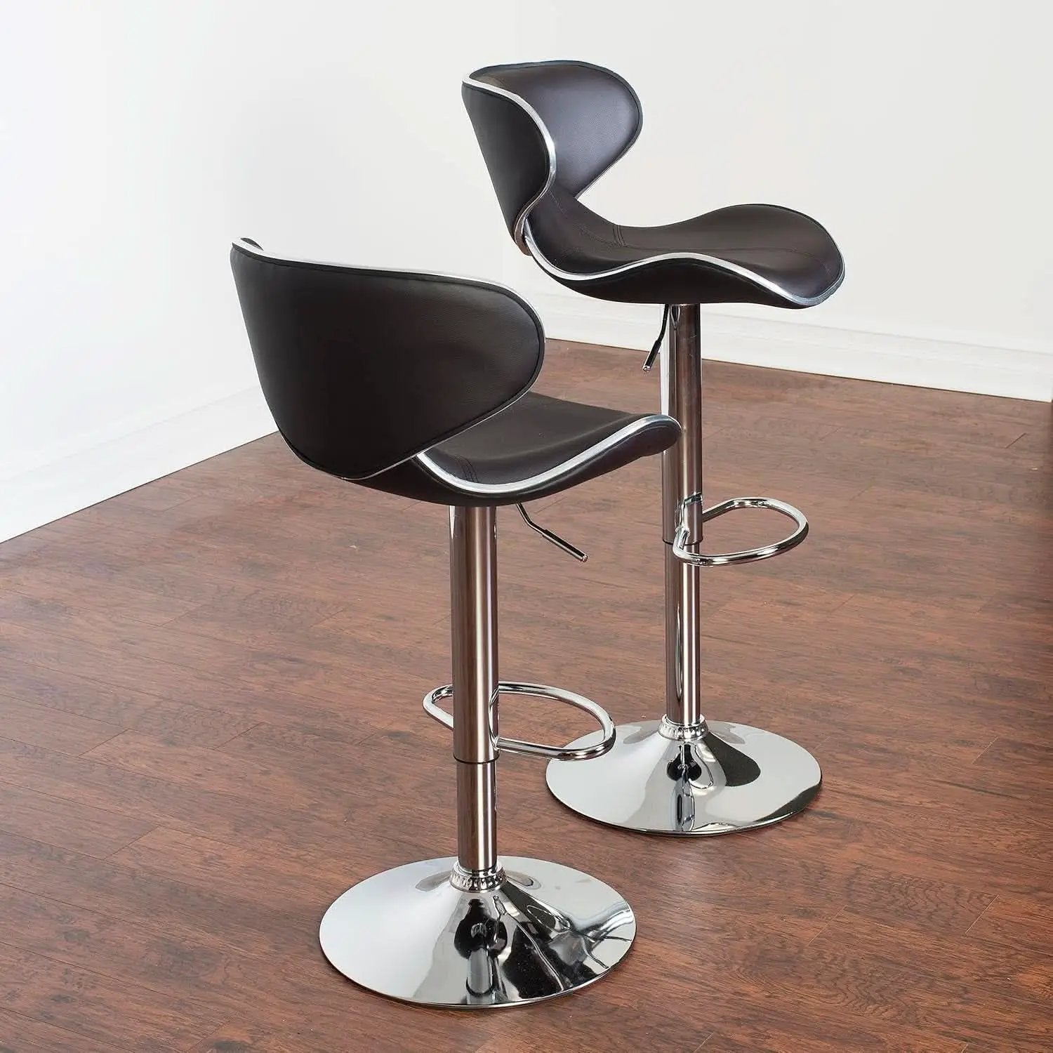 Two Brown Airlift Swivel Barstools With Chrome Base Adjustable Height 360 Degree Rotation from PriceLows™